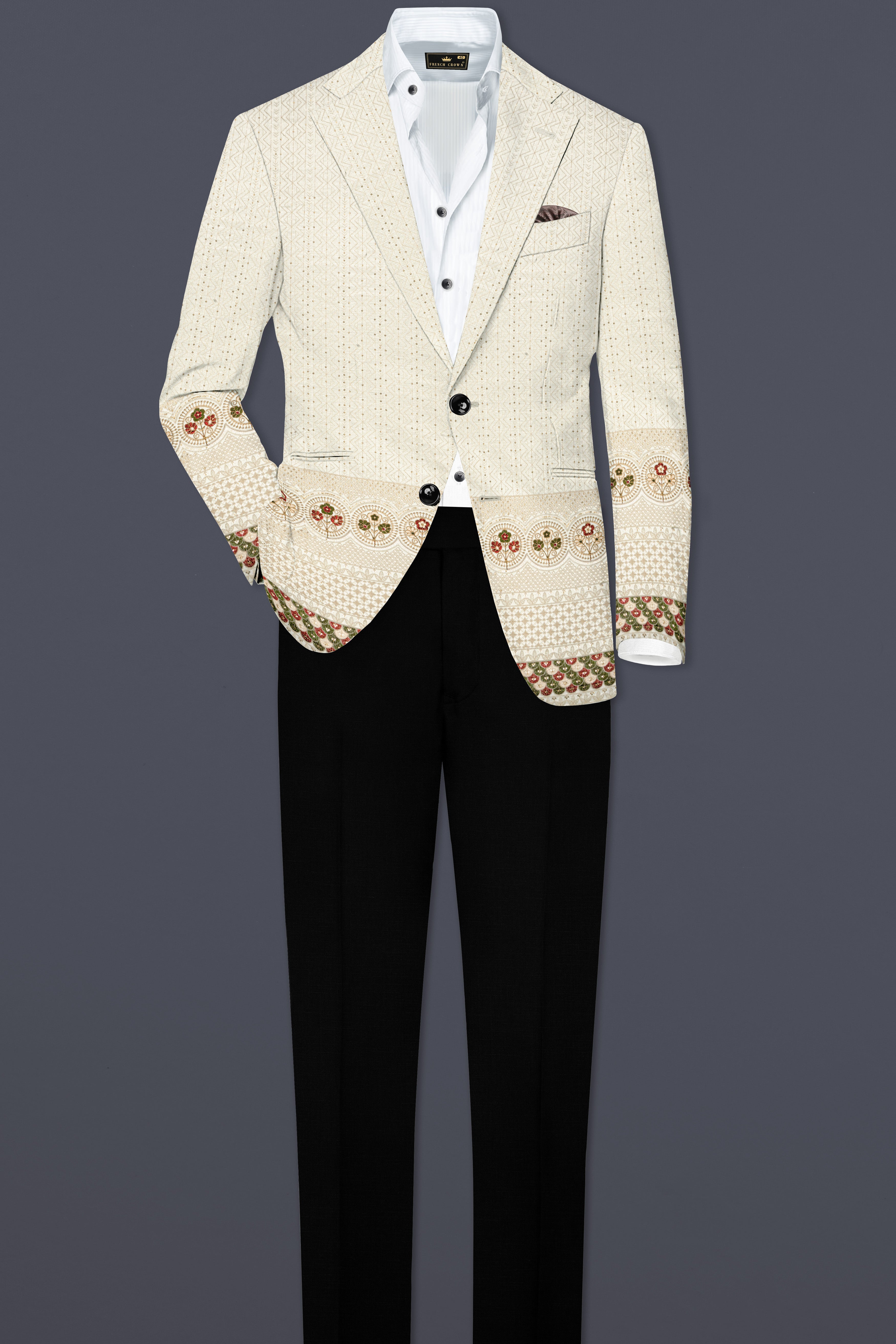 Off White And Blush Peach Multicolor Sequin and thread Embroidered Single Breasted Suit