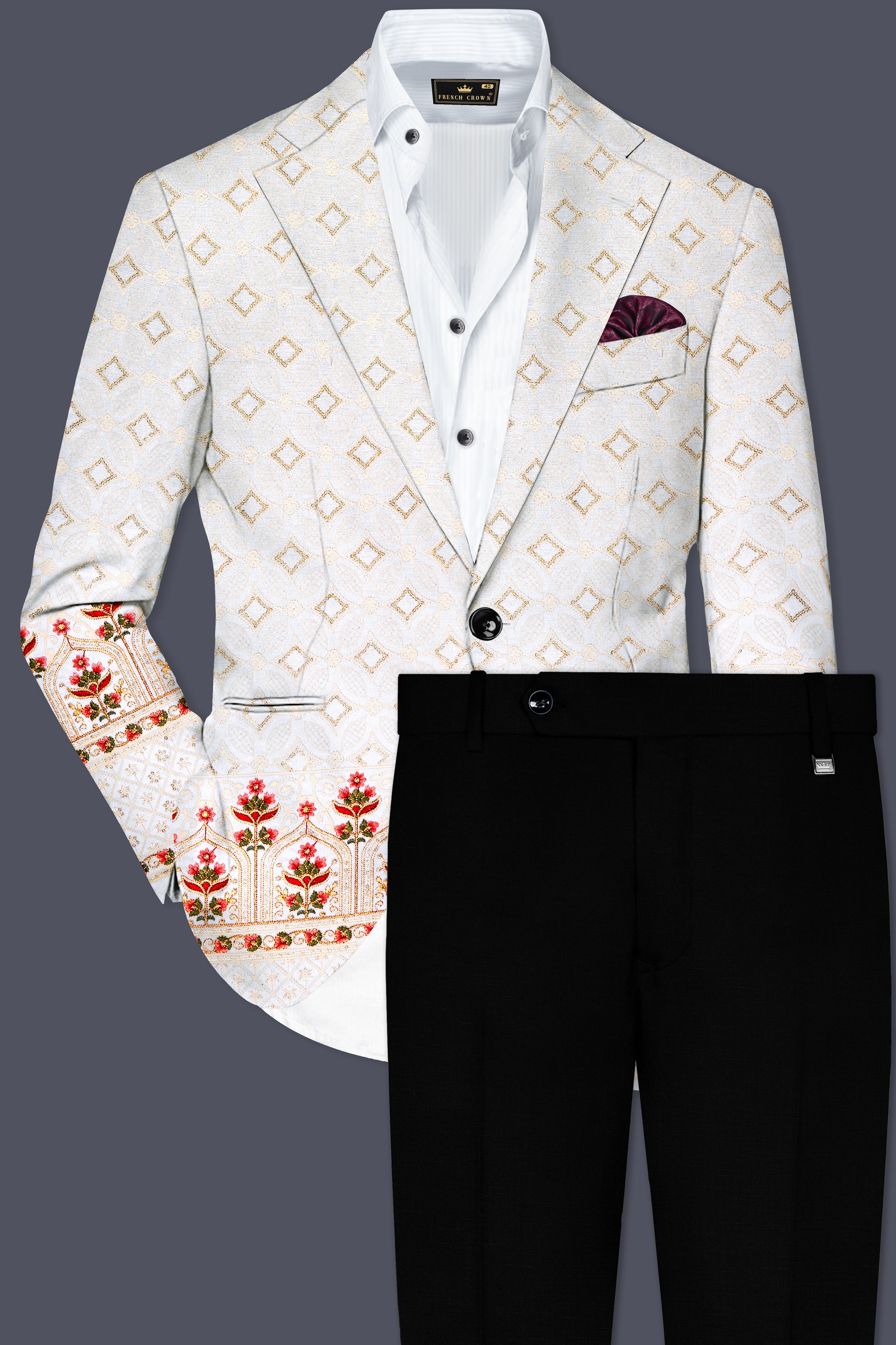 Bright White And Carnation Pink Multicolor Sequin and thread Embroidered Single Breasted Suit