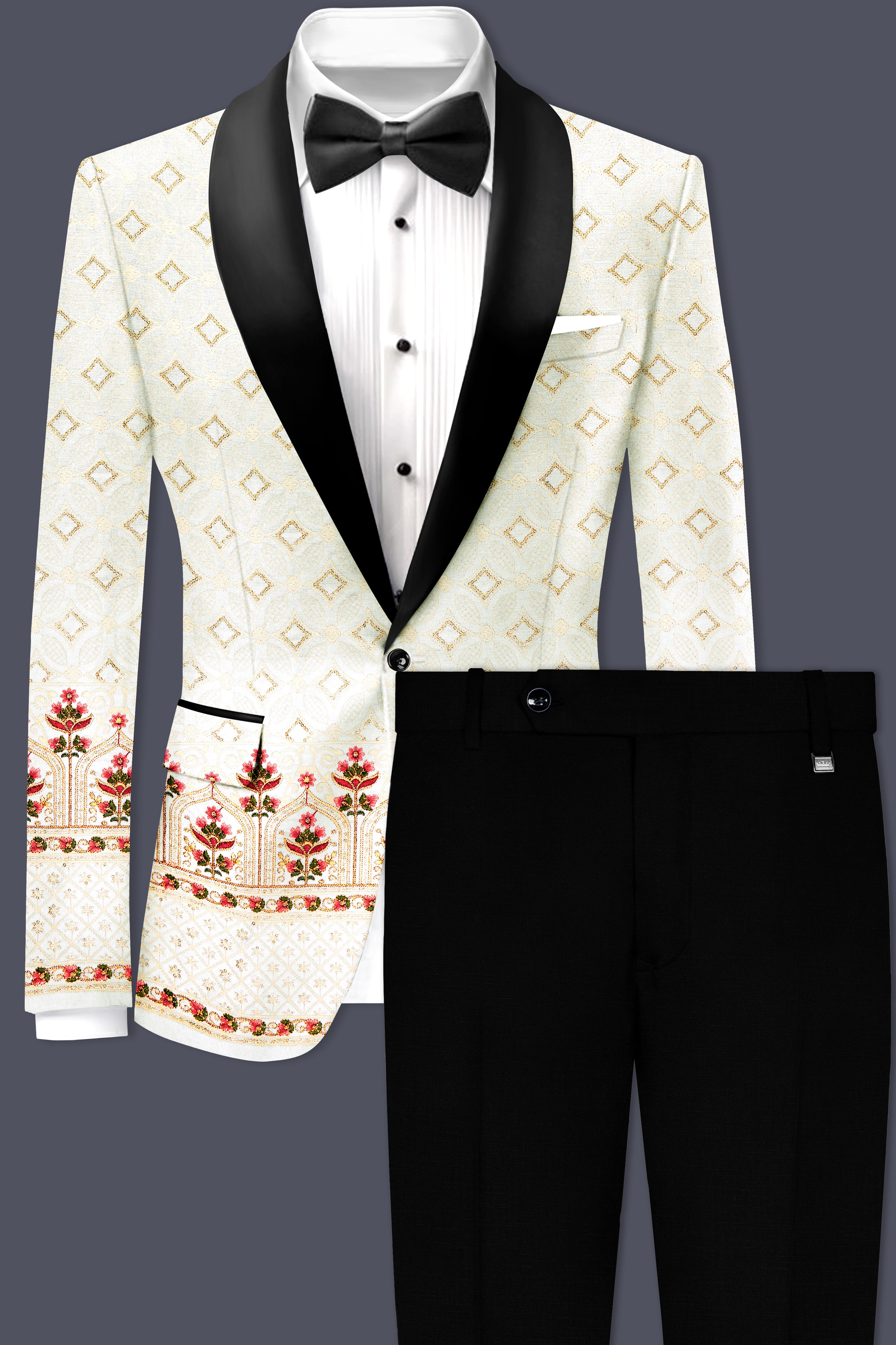 Off White And Sunset Pink Flower Multicolor Sequin and thread Embroidered Tuxedo Suit