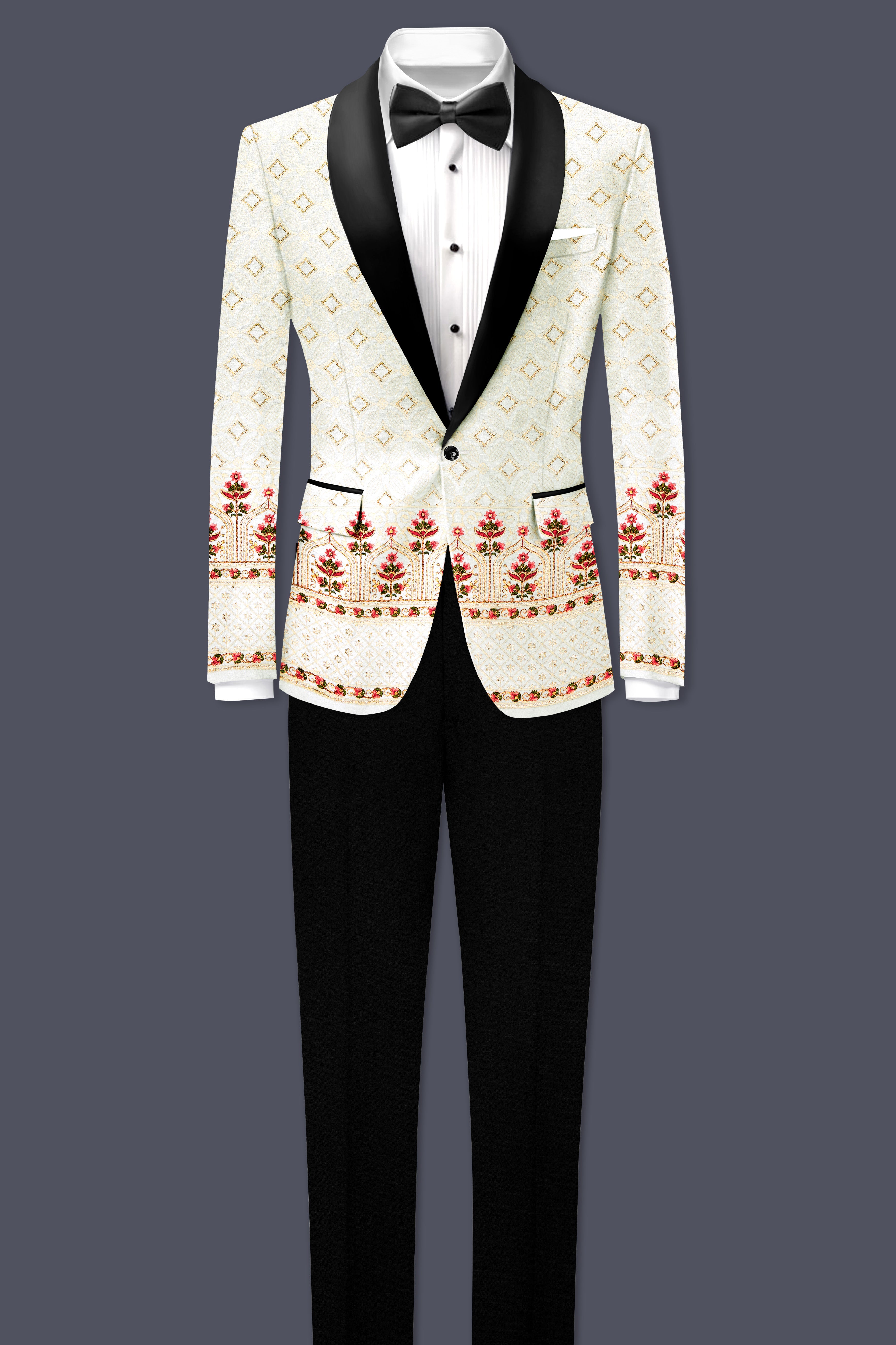 Off White And Sunset Pink Flower Multicolor Sequin and thread Embroidered Tuxedo Suit