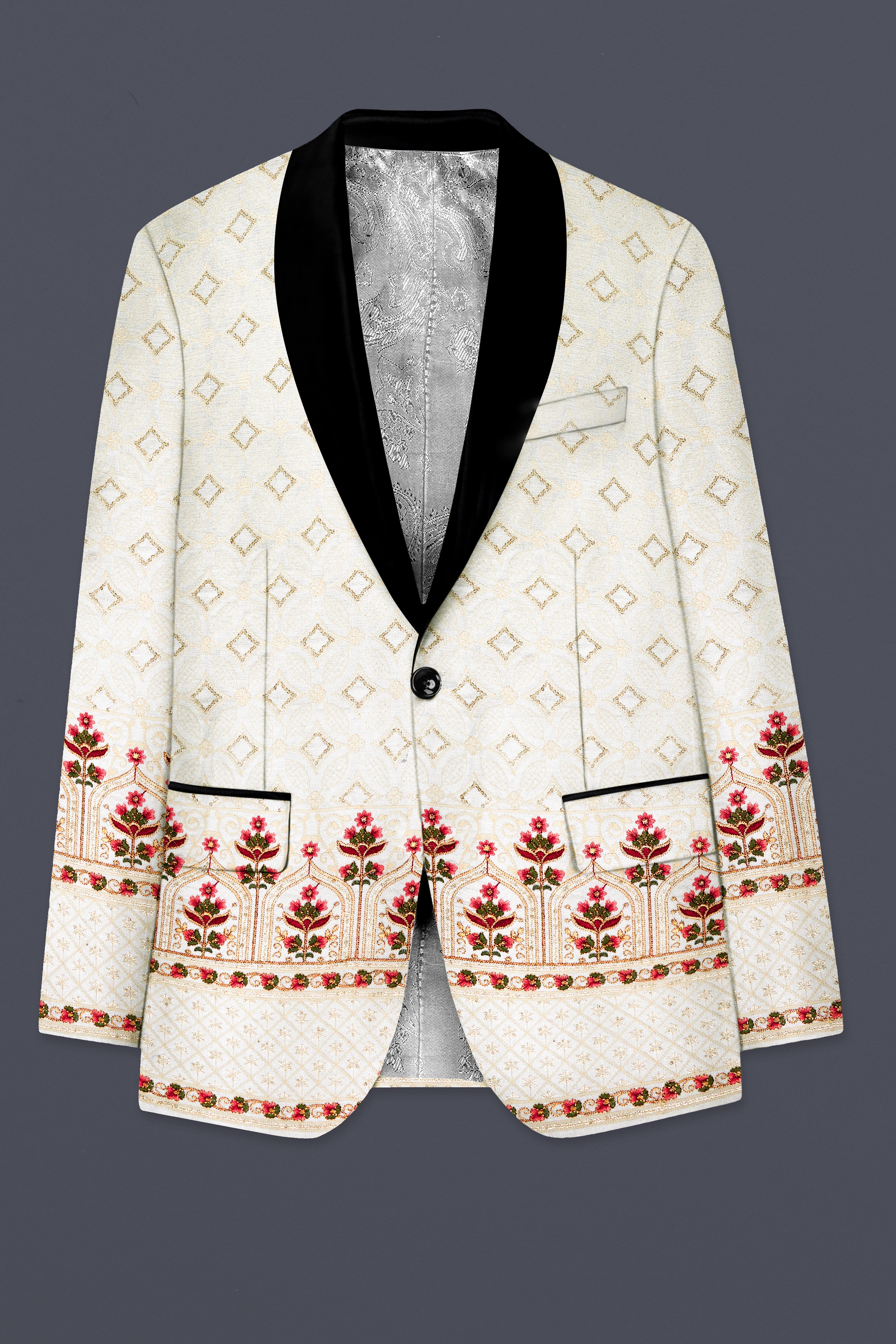 Off White And Sunset Pink Flower Multicolor Sequin and thread Embroidered Tuxedo Suit