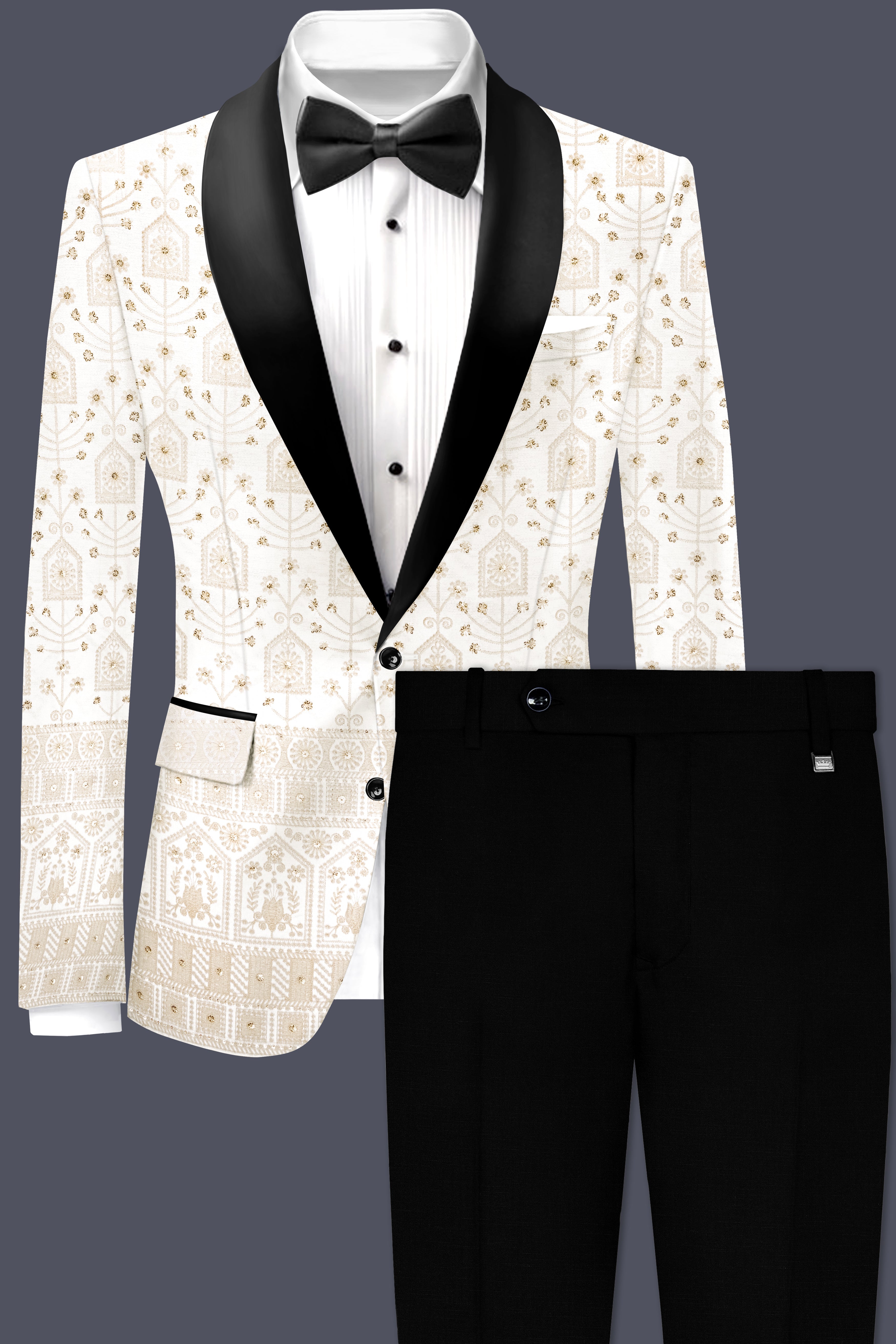 Tequila Cream And Bright White thread Embroidered Tuxedo Suit