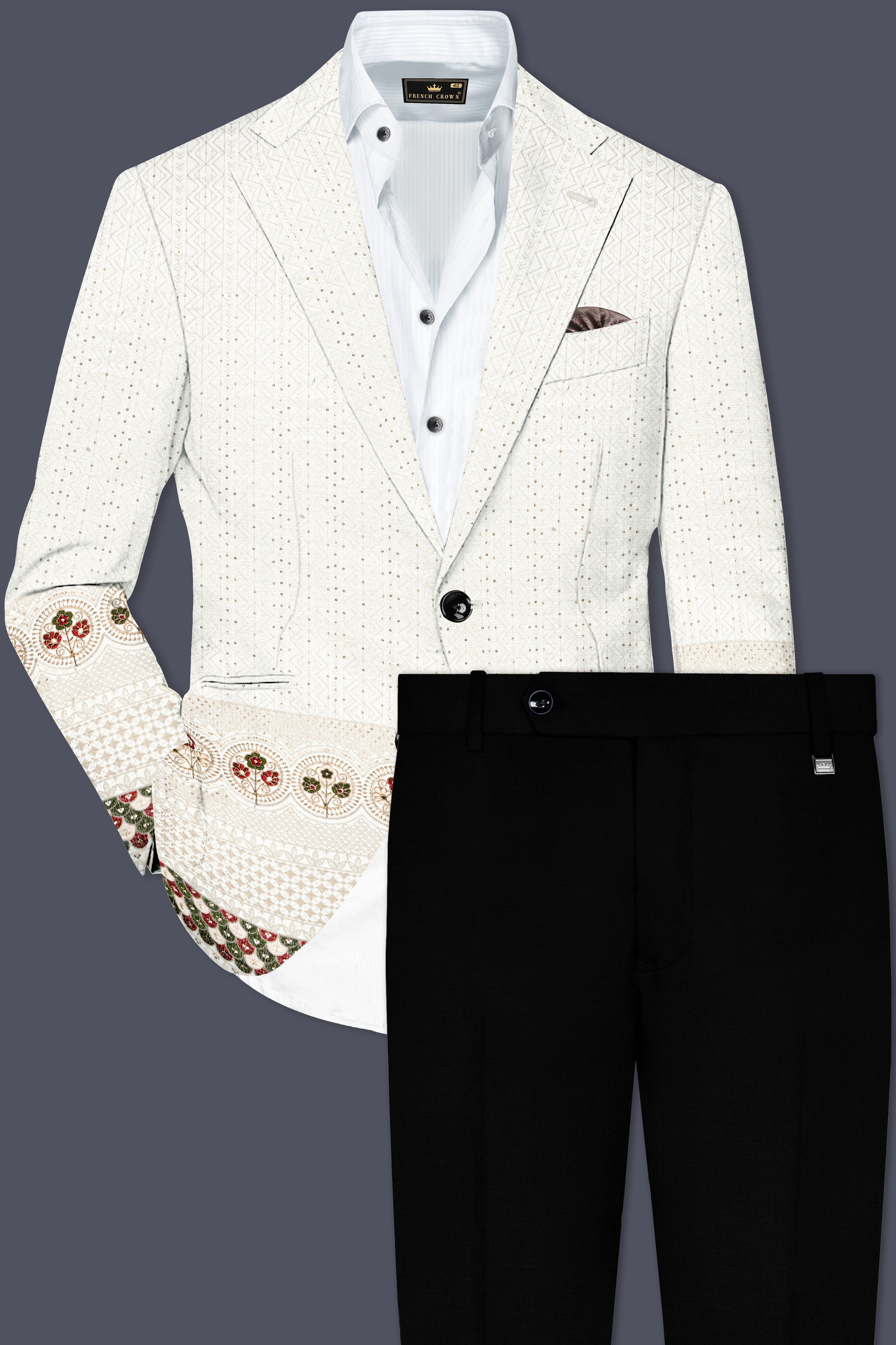 Off White And Metallic Red Multicolor Sequin and thread Embroidered Single Breasted Suit