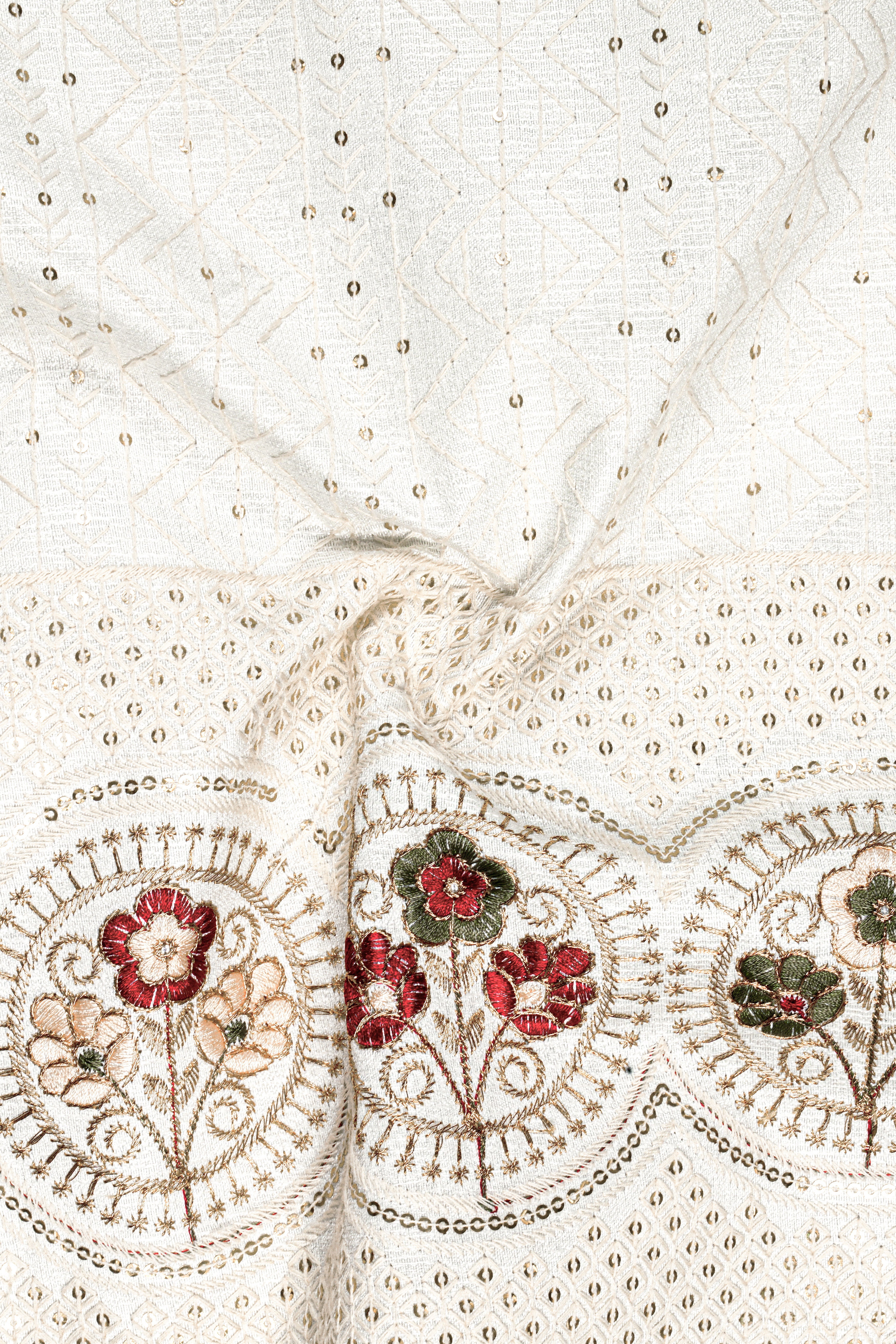 Off White And Metallic Red Multicolor Sequin and thread Embroidered Single Breasted Suit