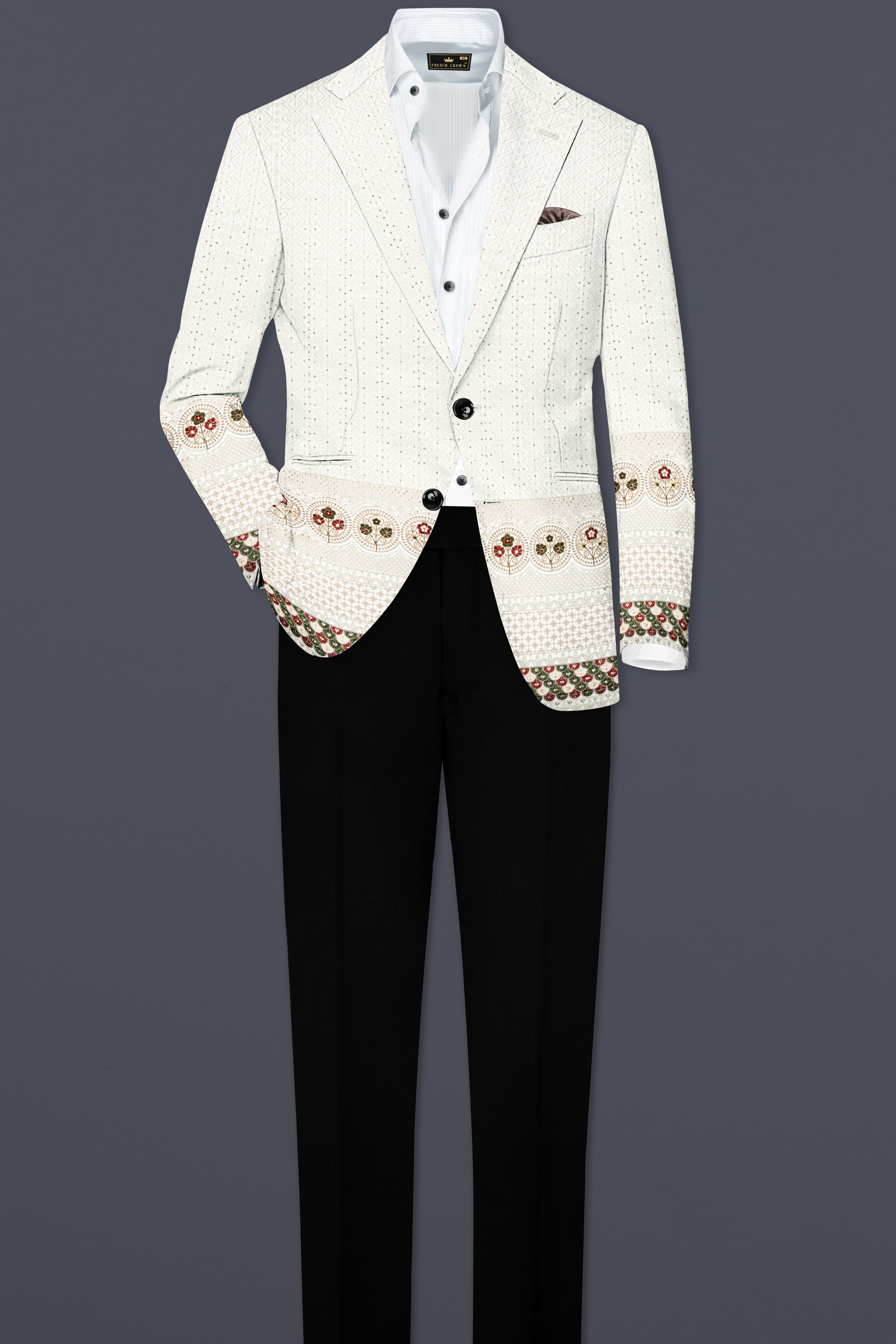 Off White And Metallic Red Multicolor Sequin and thread Embroidered Single Breasted Suit