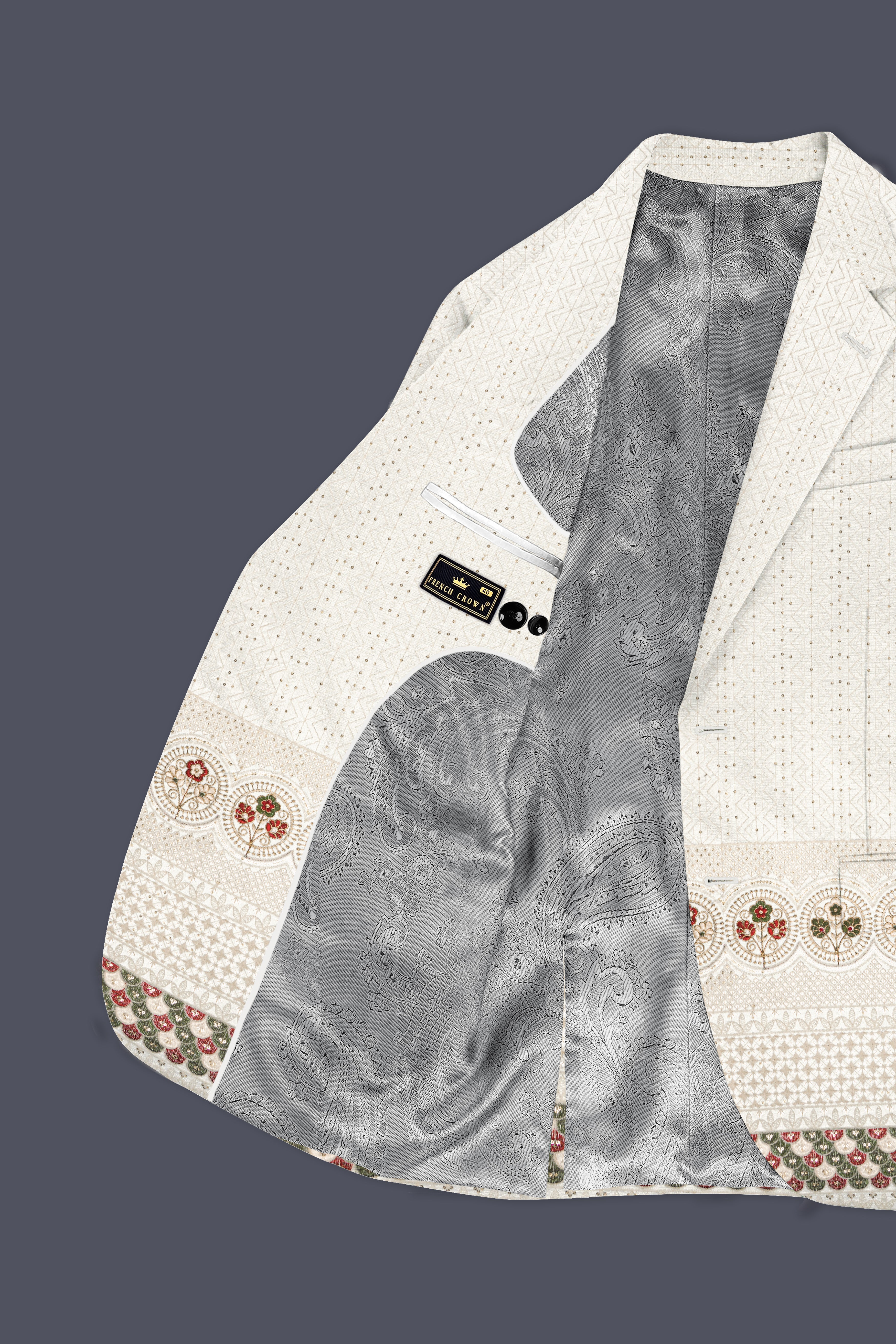 Off White And Metallic Red Multicolor Sequin and thread Embroidered Single Breasted Suit