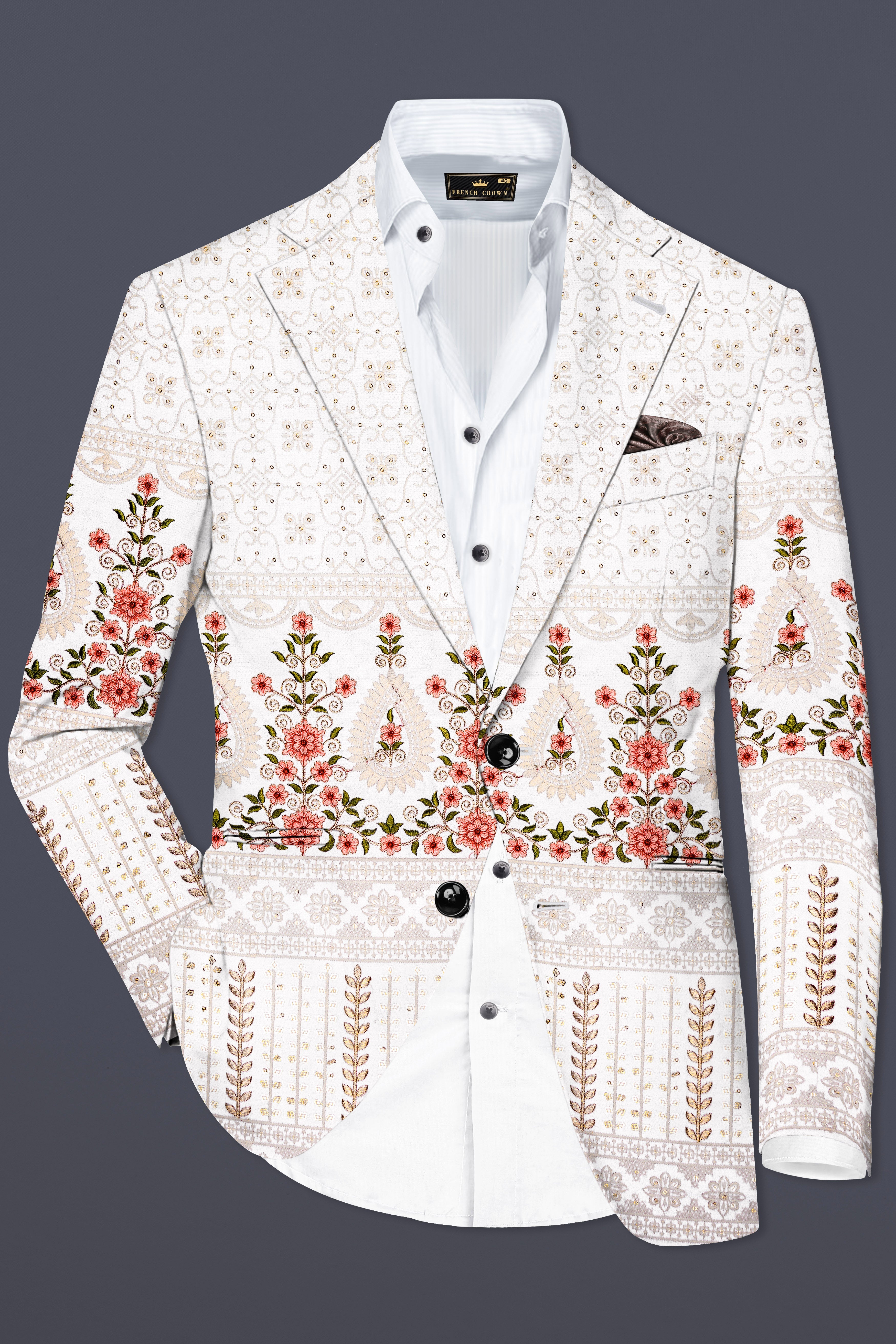 Romance White And Salmon Pink Sequin and thread Embroidered Single Breasted Suit