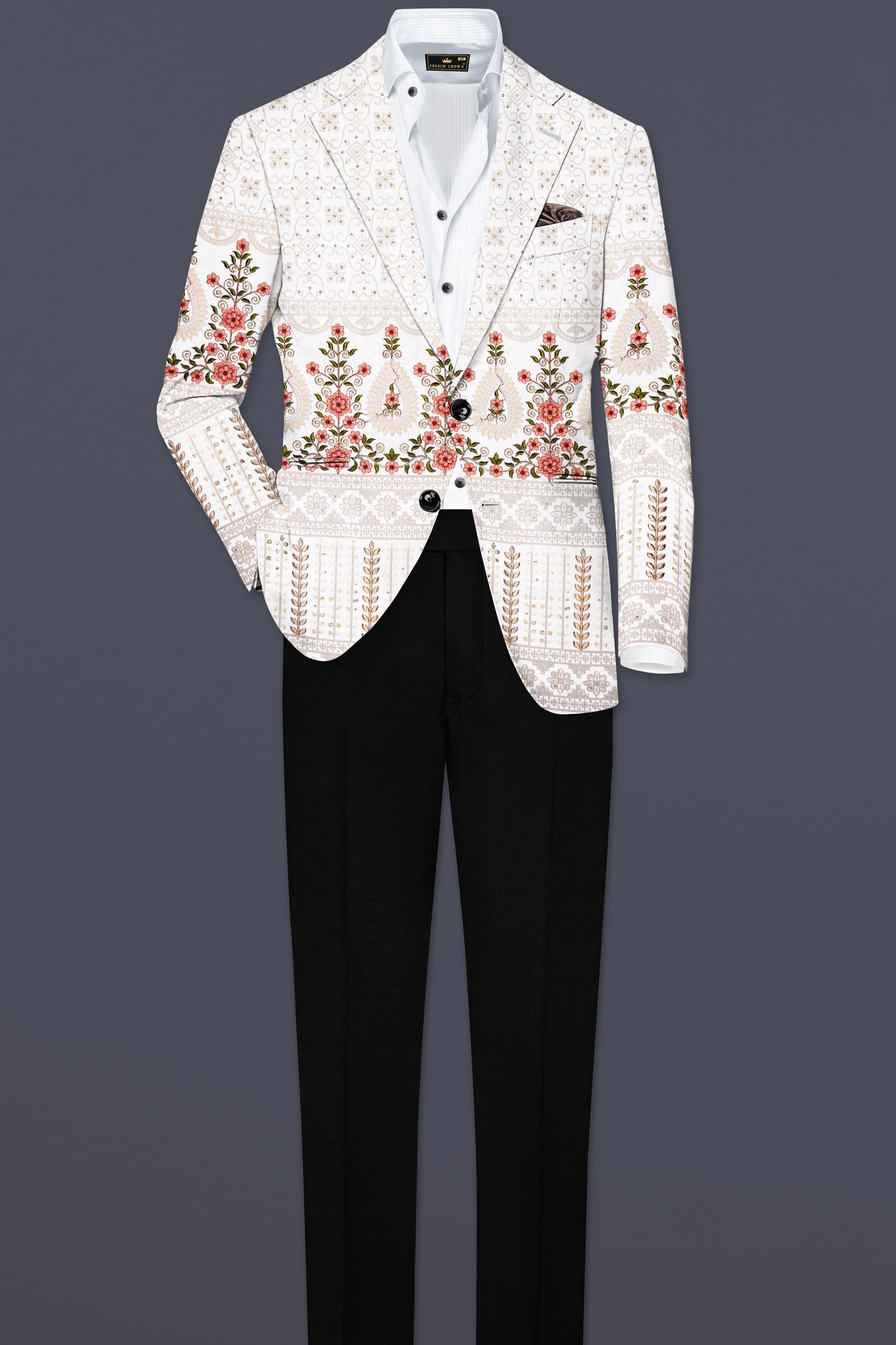 Romance White And Salmon Pink Sequin and thread Embroidered Single Breasted Suit