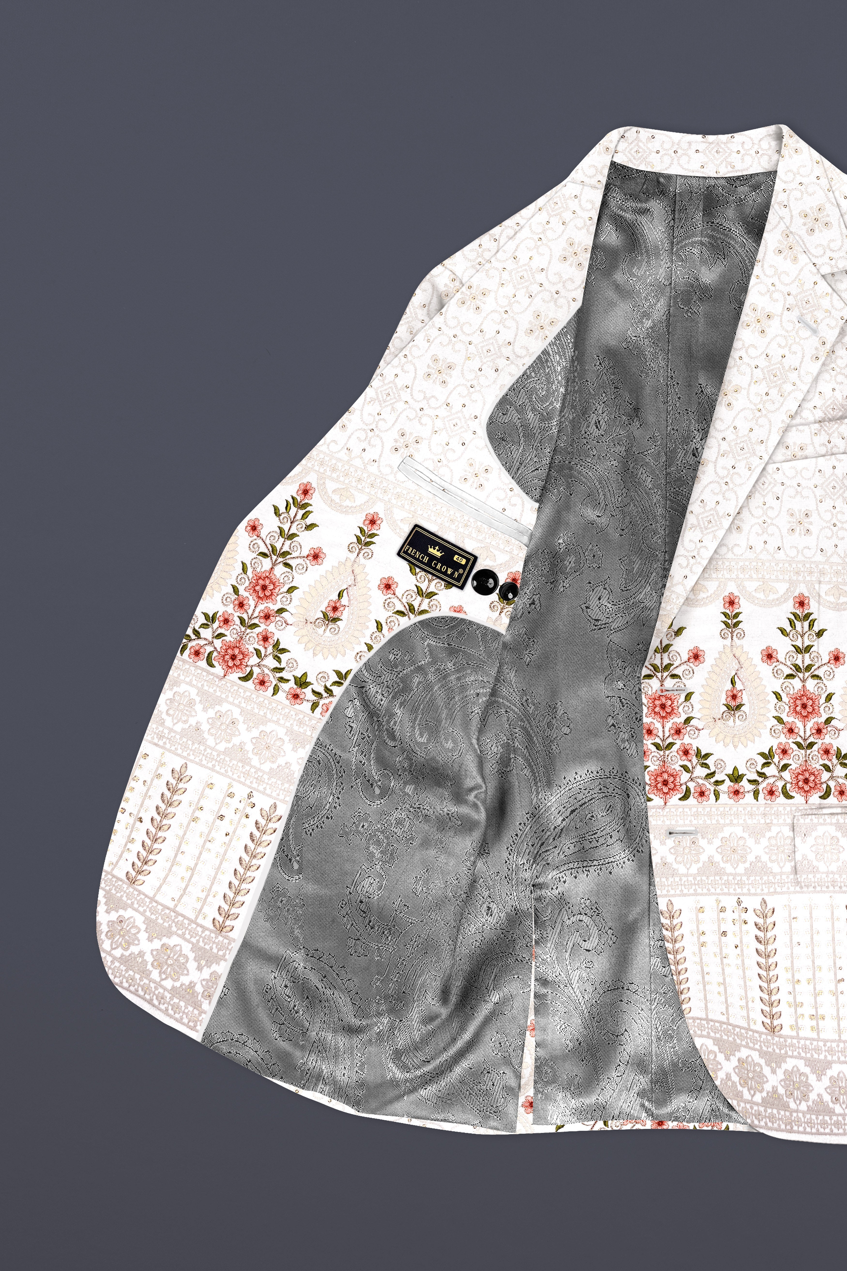Romance White And Salmon Pink Sequin and thread Embroidered Single Breasted Suit