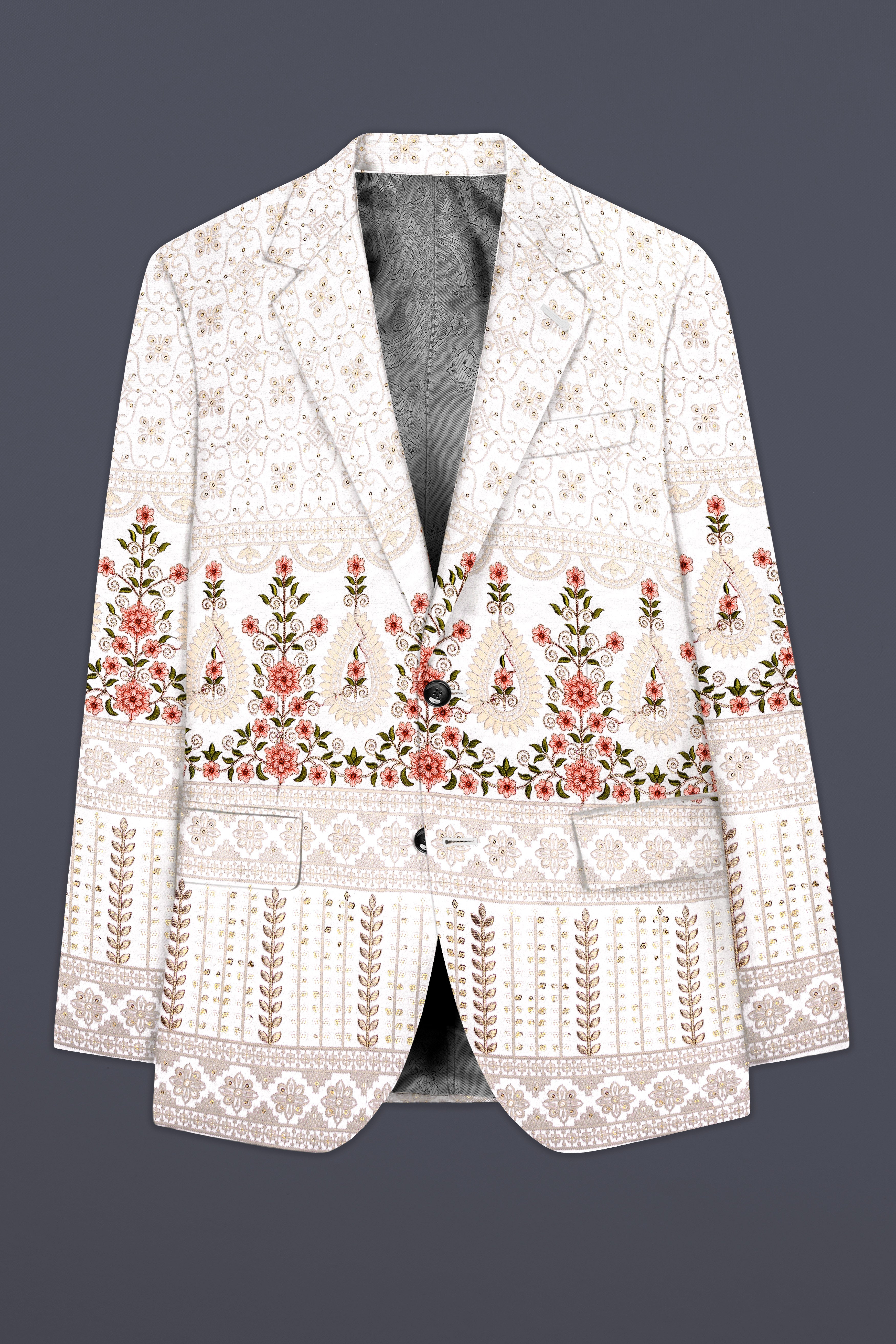 Romance White And Salmon Pink Sequin and thread Embroidered Single Breasted Suit