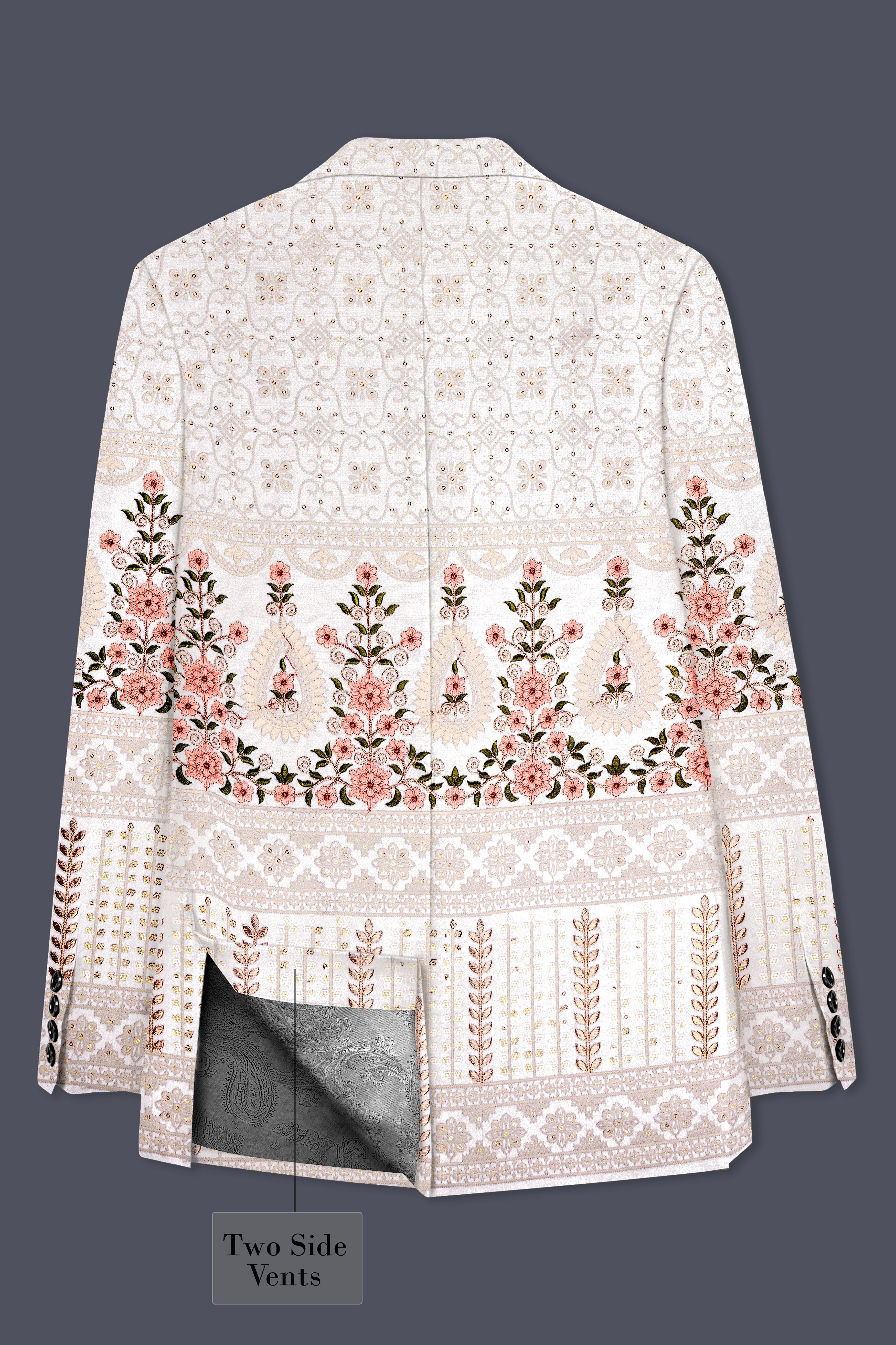 Romance White And Salmon Pink Sequin and thread Embroidered Single Breasted Suit
