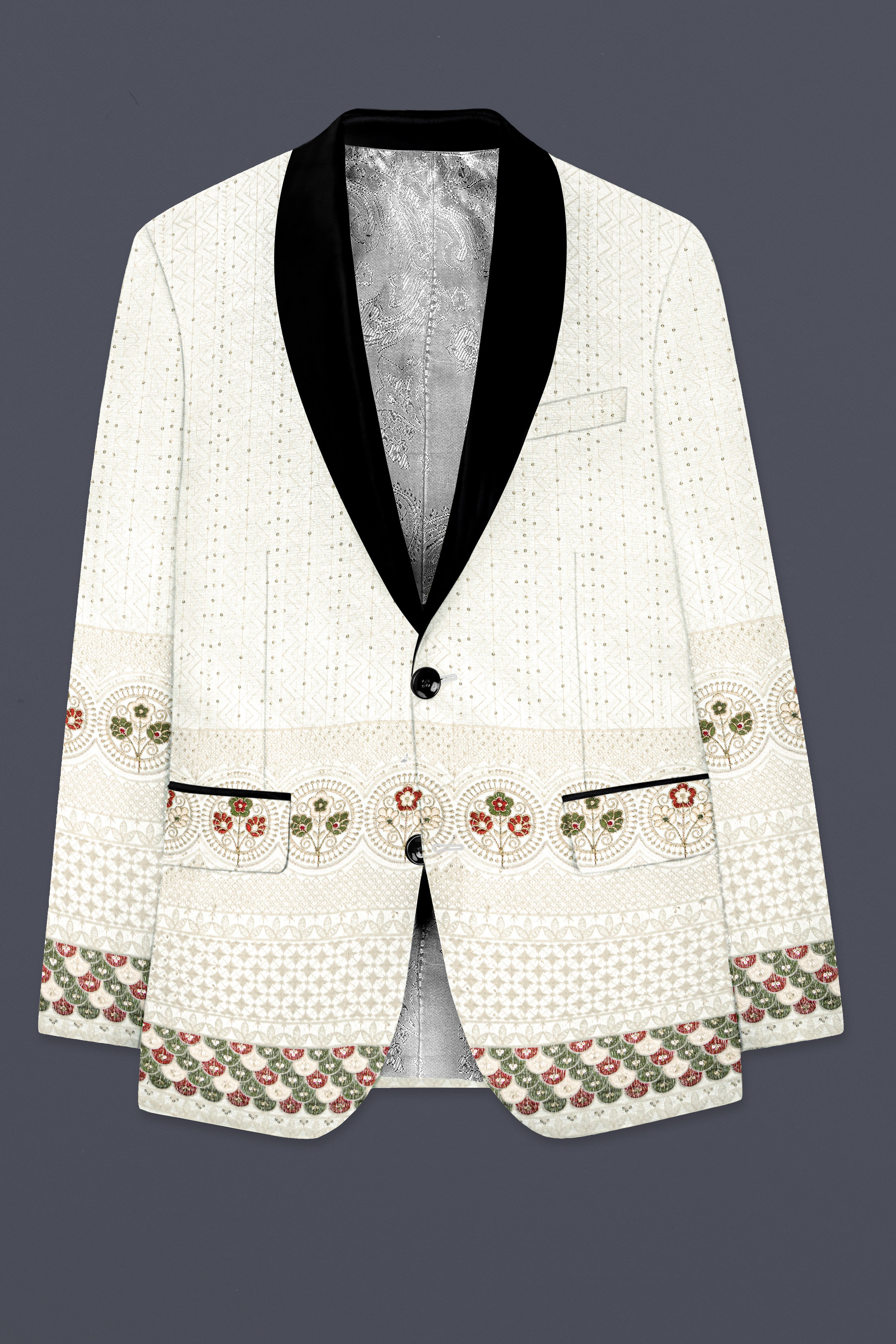 Off White And Metallic Red Multicolor Sequin and thread Embroidered Tuxedo Suit