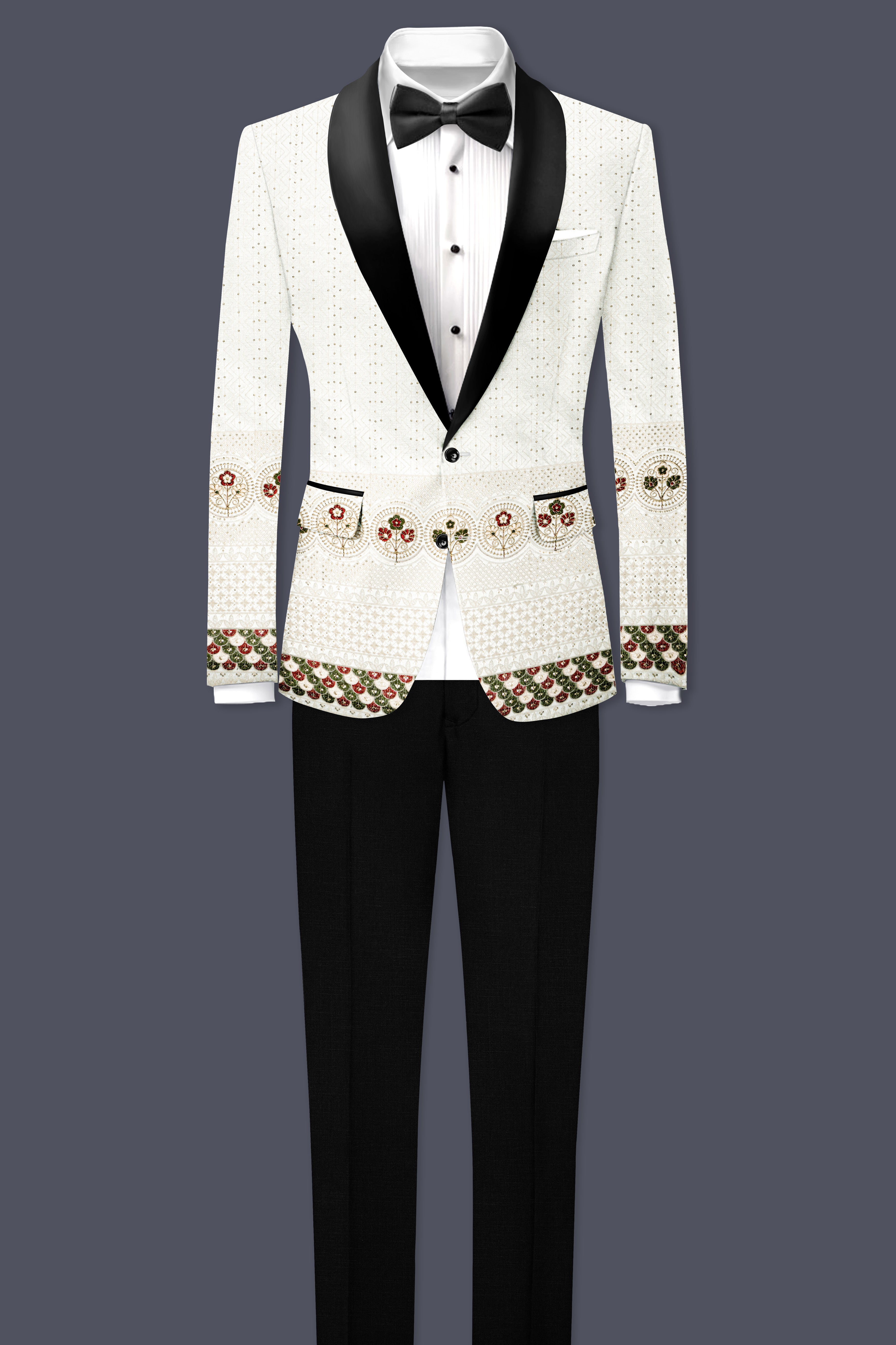 Off White And Metallic Red Multicolor Sequin and thread Embroidered Tuxedo Suit