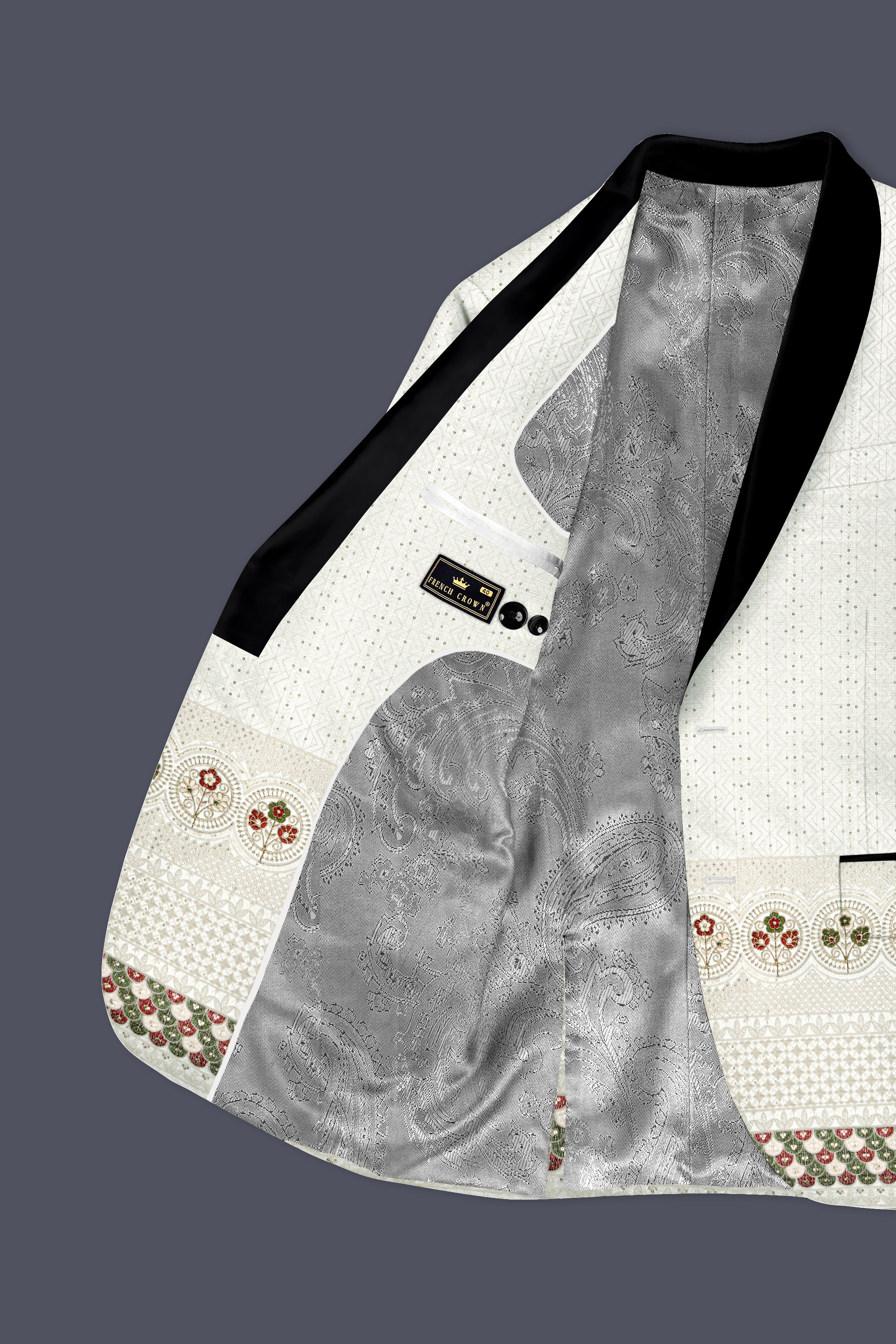 Off White And Metallic Red Multicolor Sequin and thread Embroidered Tuxedo Suit
