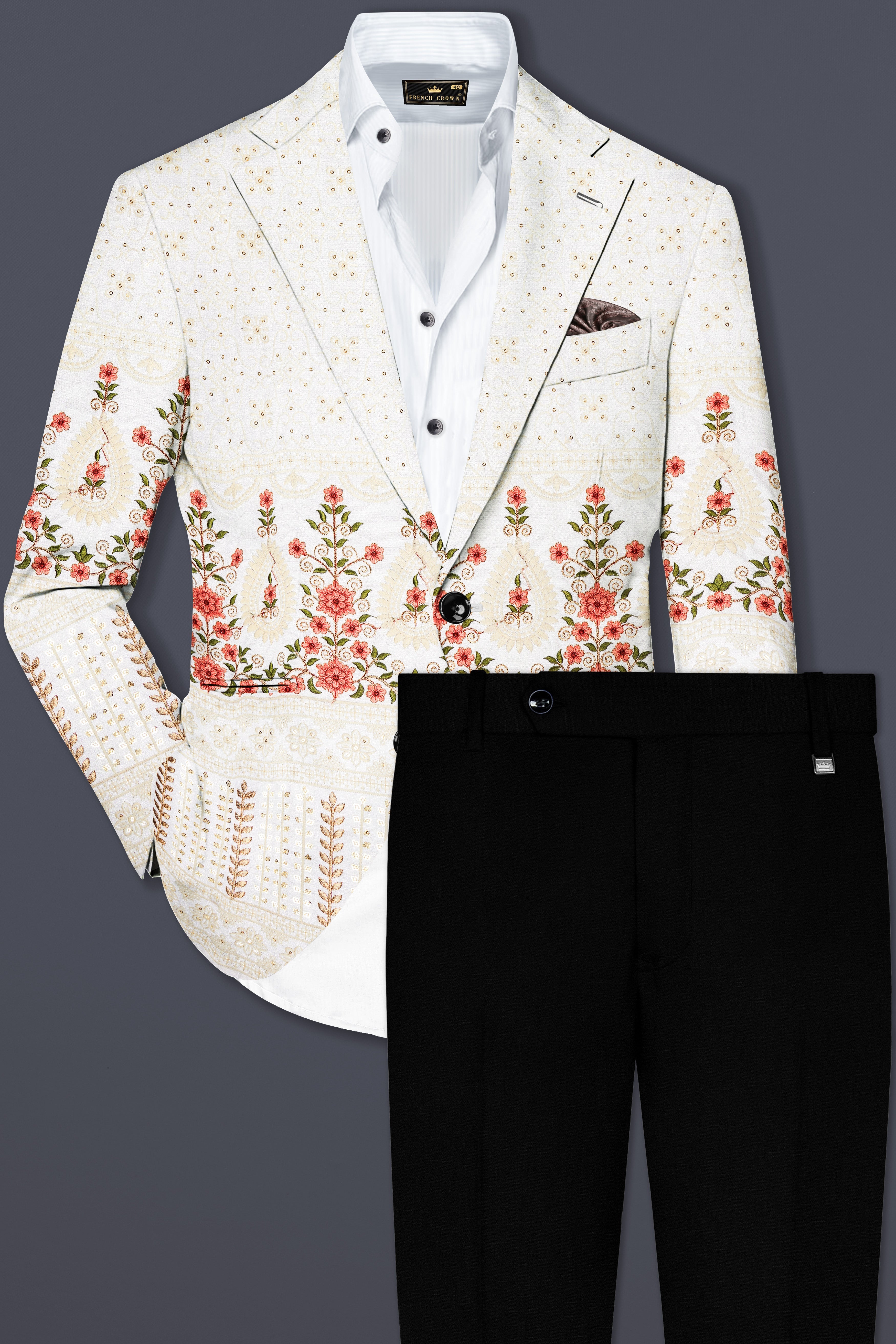 Almond Off White And Salmon Pink Sequin and thread Embroidered Single Breasted Suit