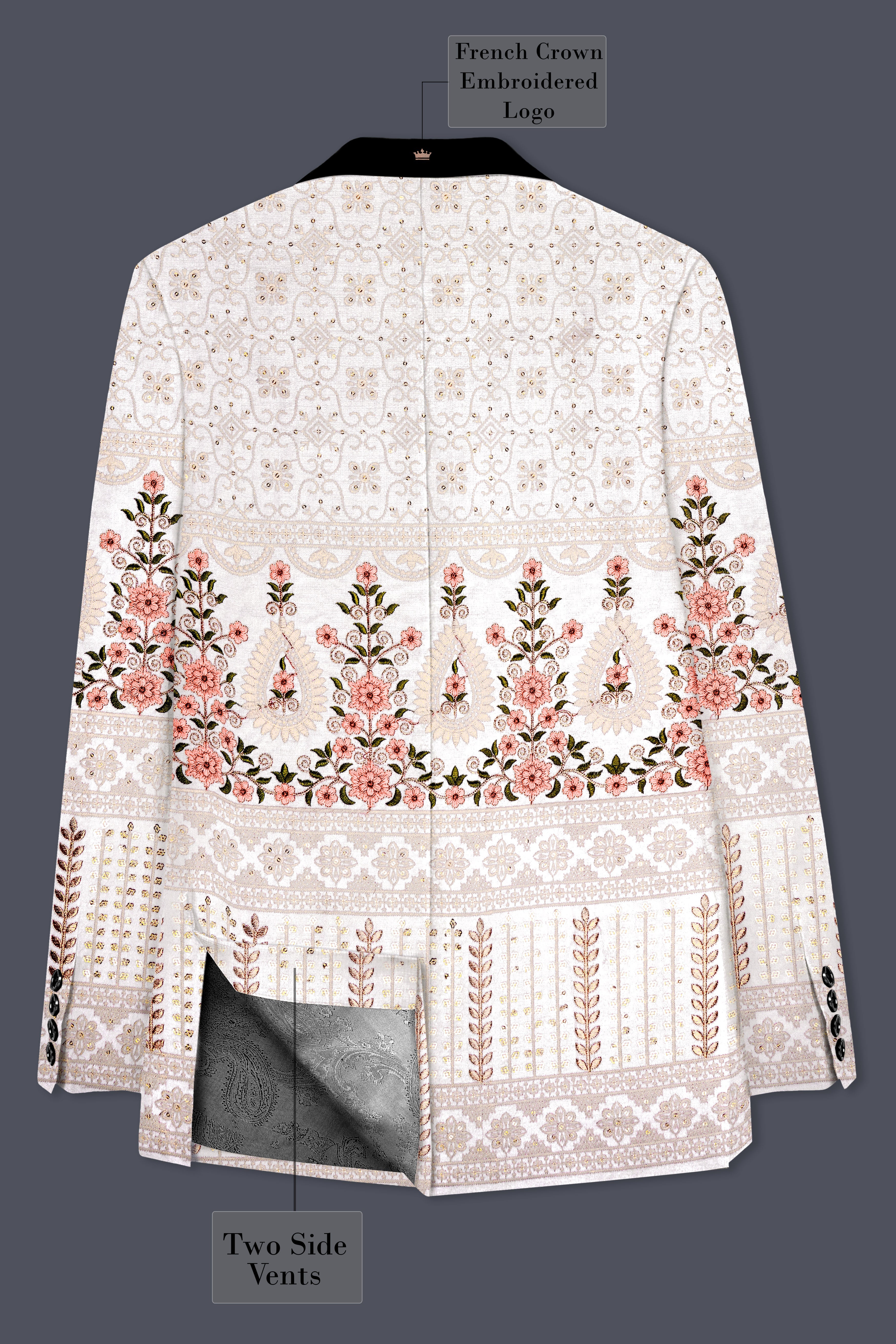 Romance White And Salmon Pink Sequin and thread Embroidered Tuxedo Suit
