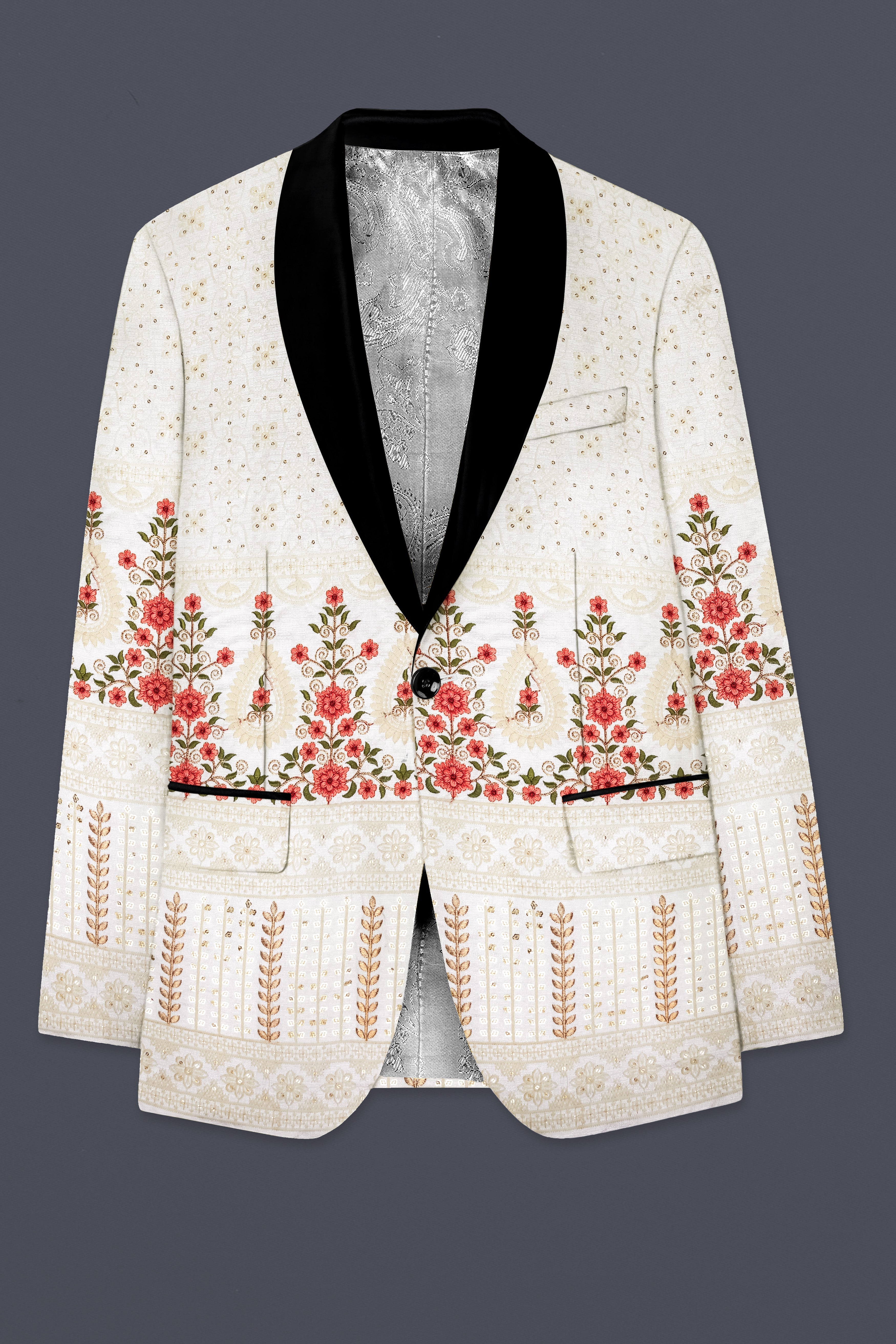 Almond Off White And Salmon Pink Sequin and thread Embroidered Tuxedo Suit