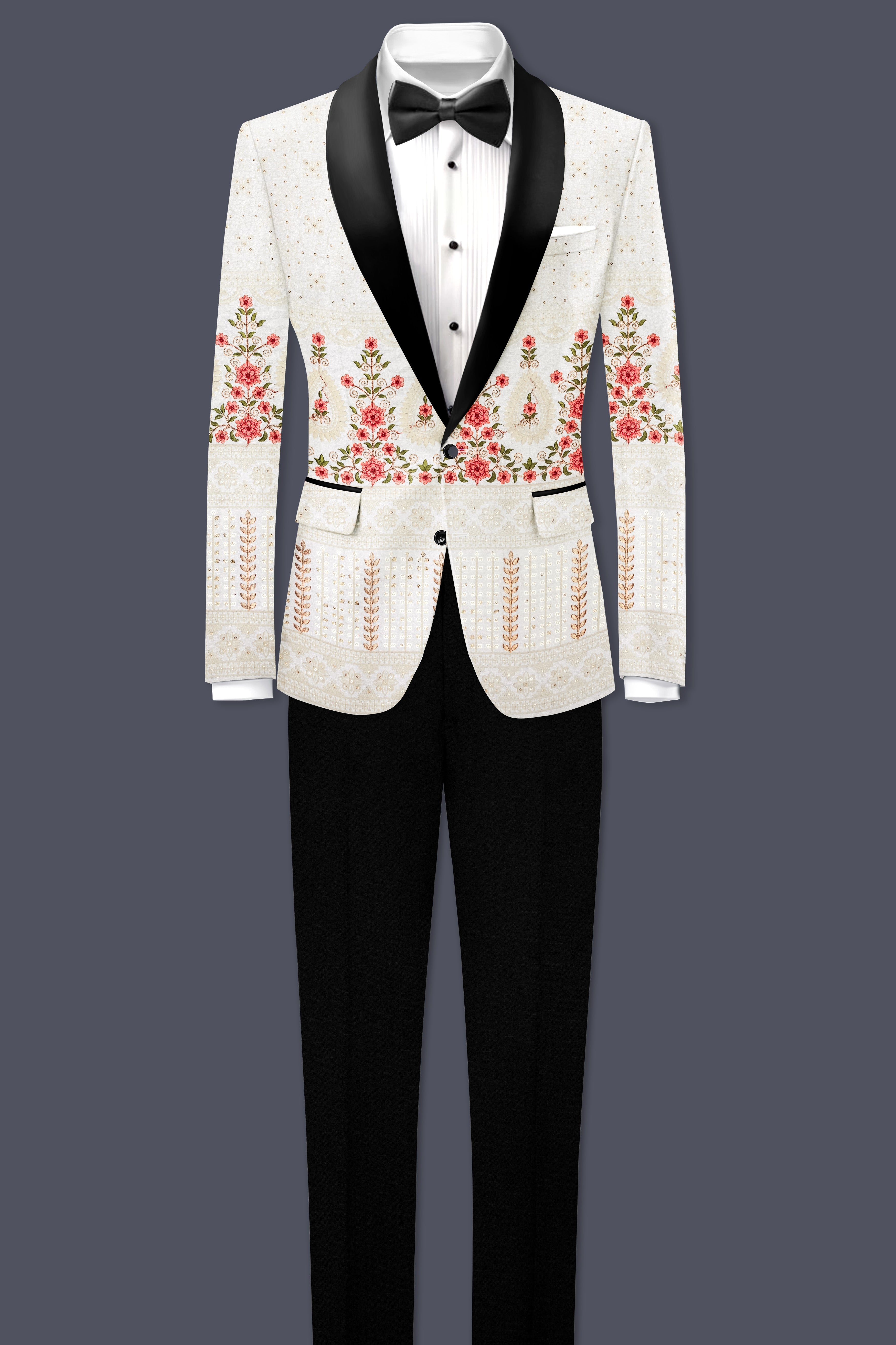 Almond Off White And Salmon Pink Sequin and thread Embroidered Tuxedo Suit