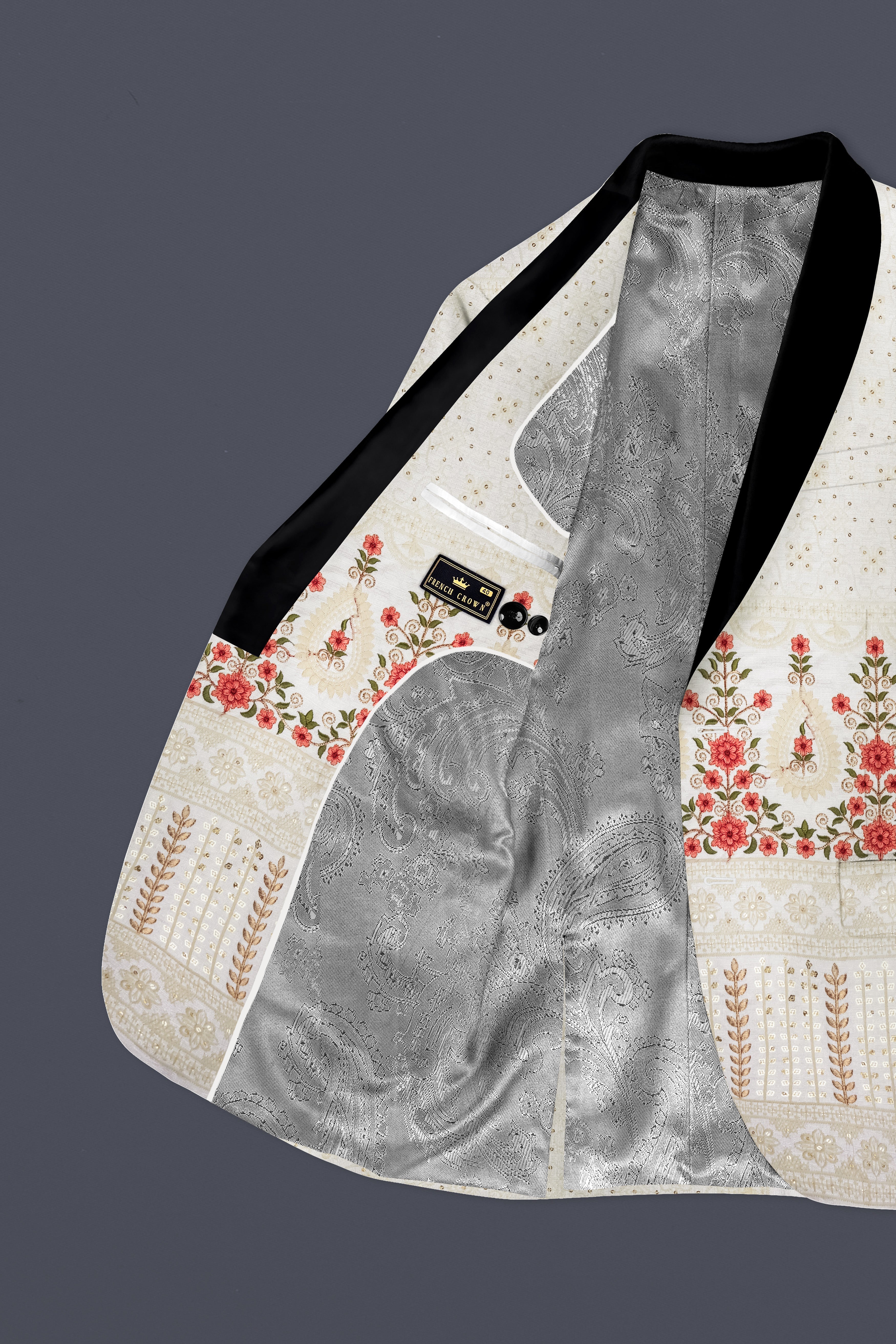 Almond Off White And Salmon Pink Sequin and thread Embroidered Tuxedo Suit