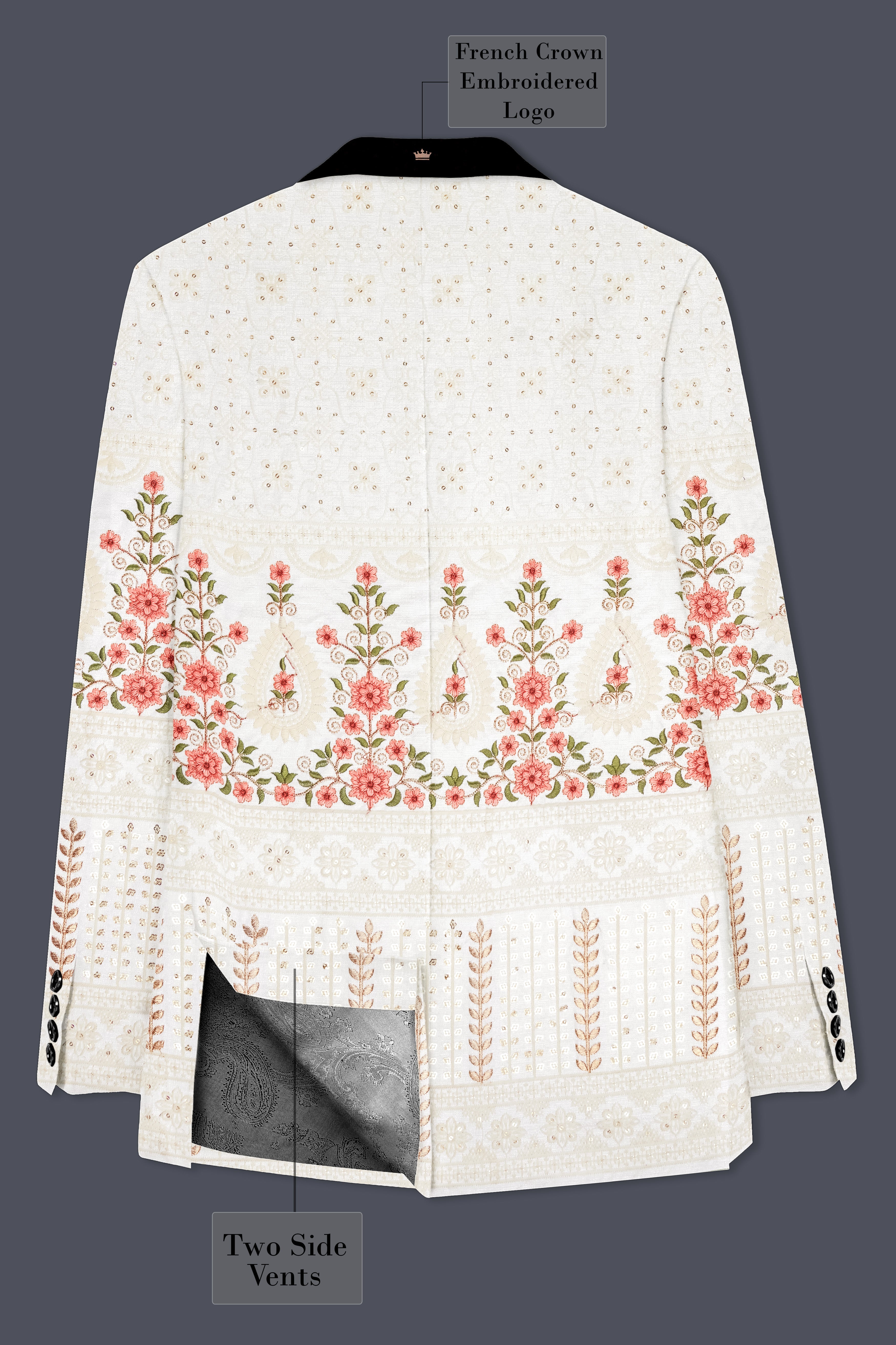 Almond Off White And Salmon Pink Sequin and thread Embroidered Tuxedo Suit