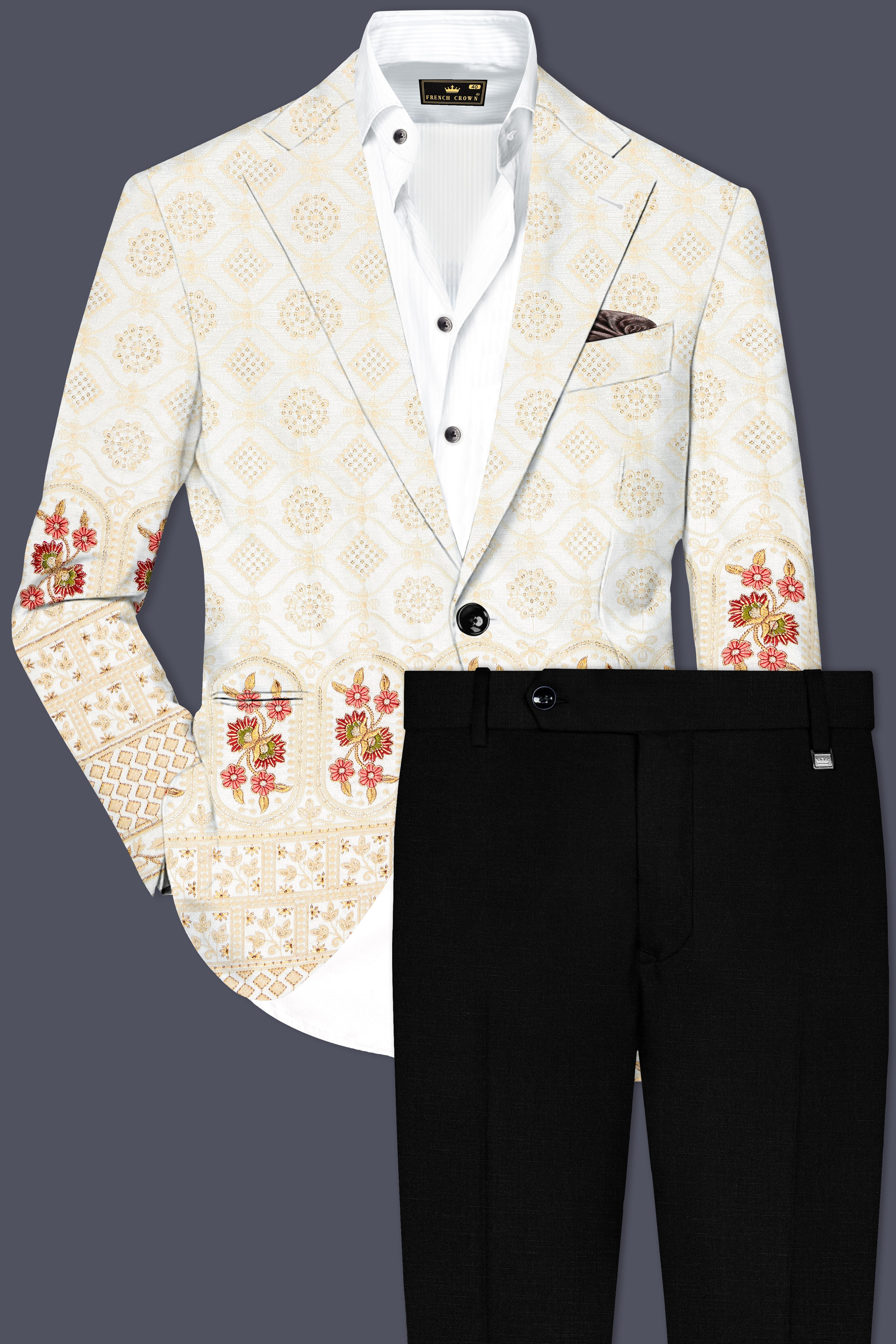 Ecru Off White And Peachy Pink Sequin and thread Embroidered Single Breasted Suit