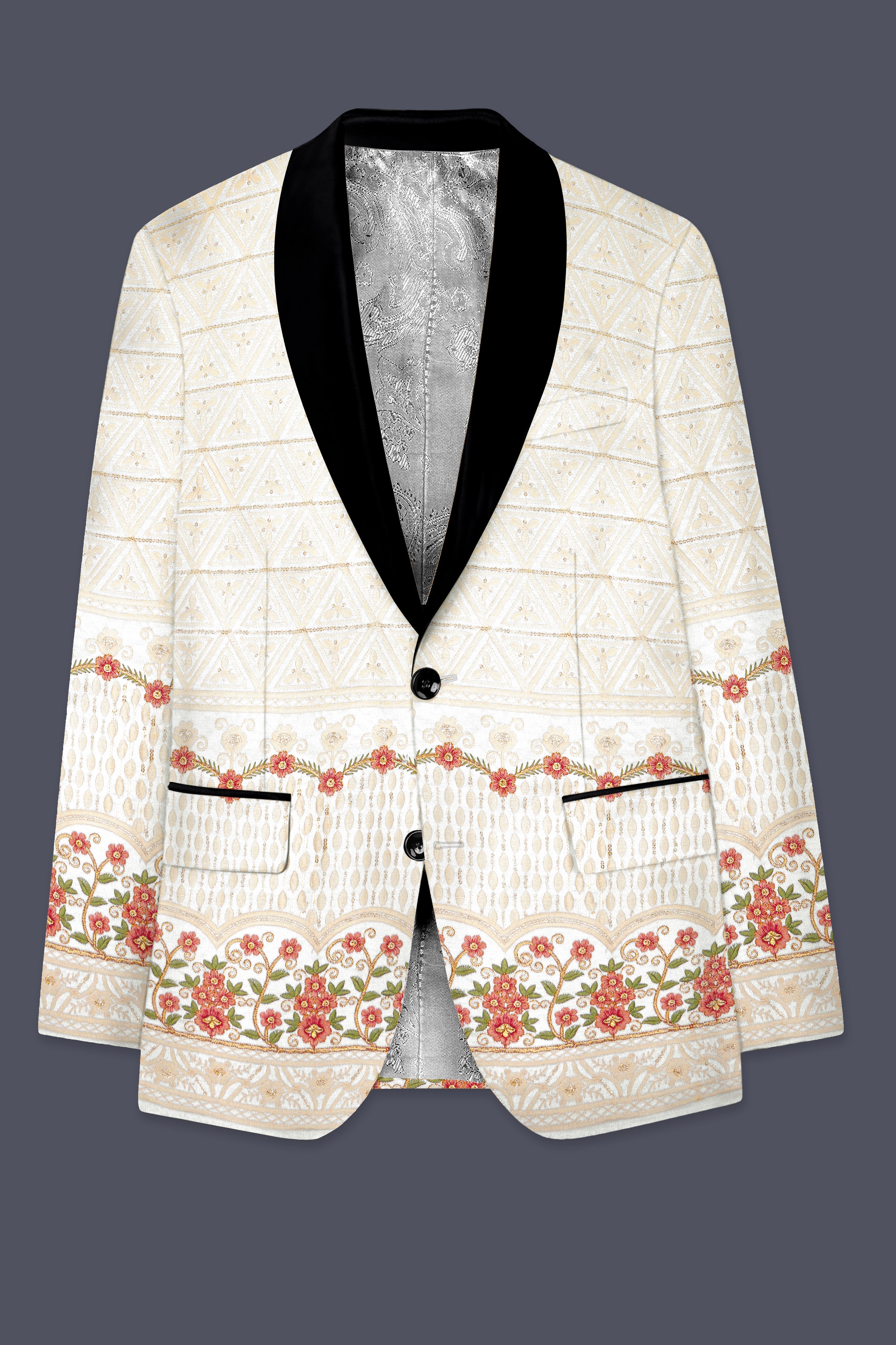 Fantasy Off White And Blush Pink Sequin and thread Embroidered Tuxedo Suit