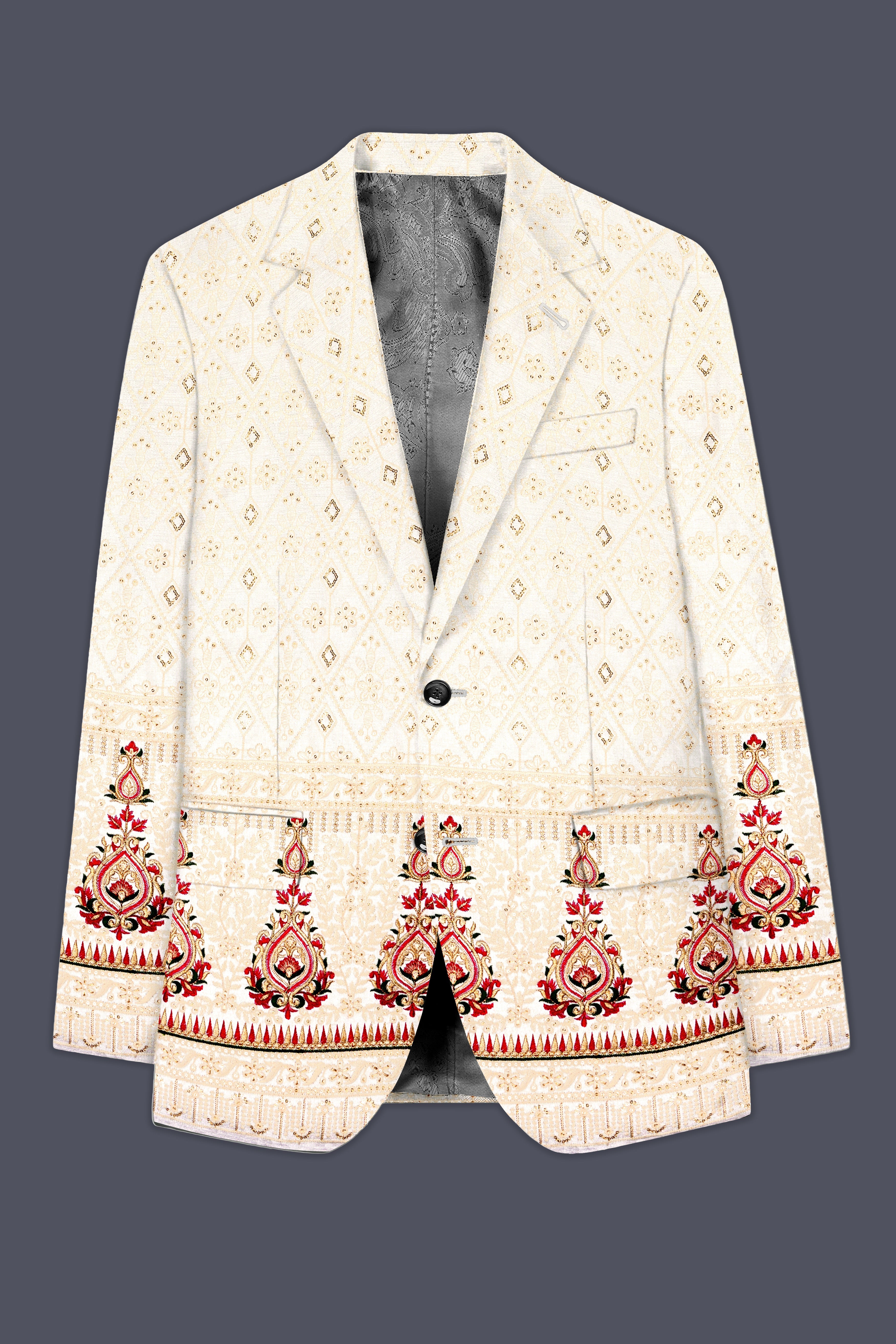 Marino Cream And Crimson Red Sequin and thread Embroidered Single Breasted Suit