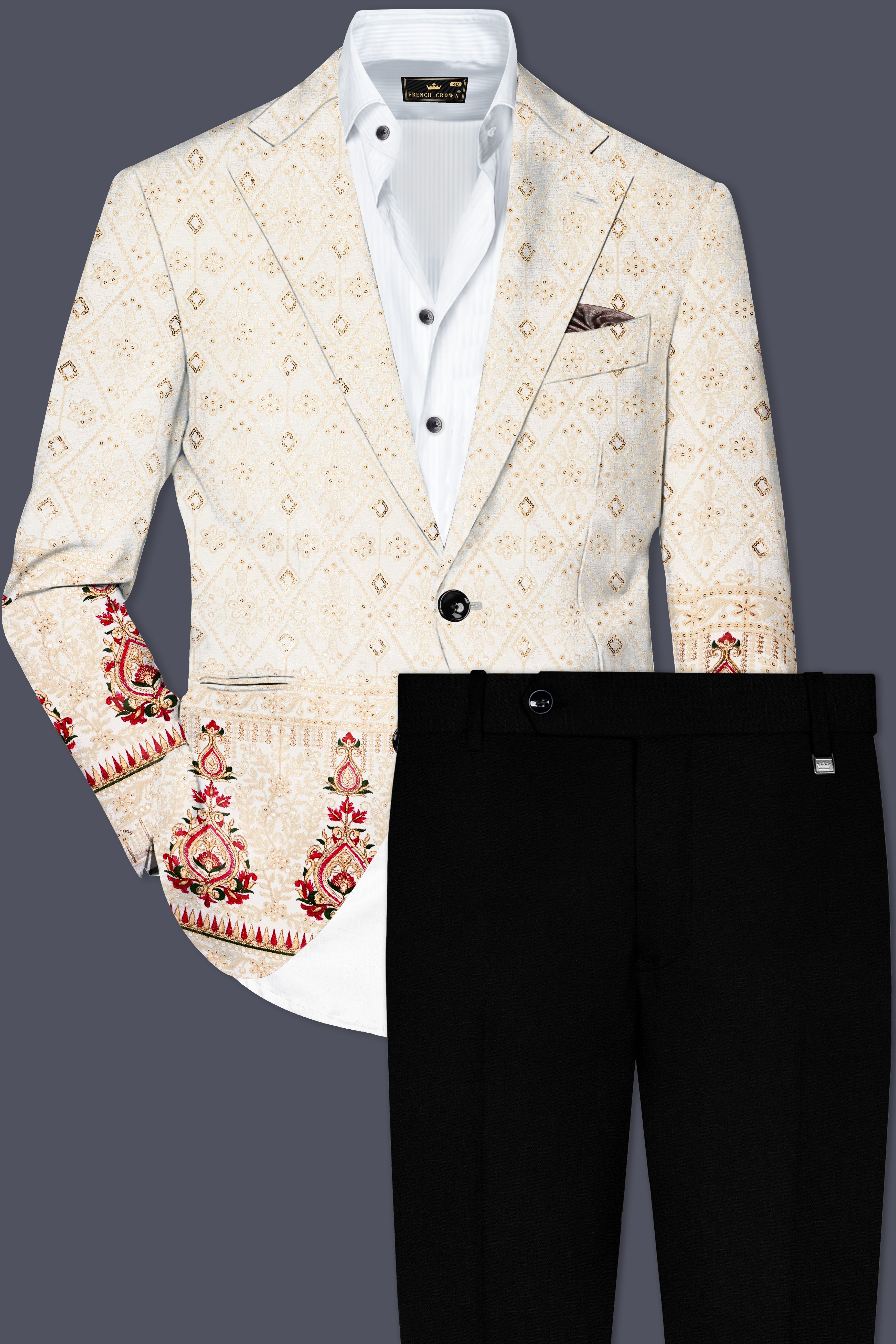 Marino Cream And Crimson Red Sequin and thread Embroidered Single Breasted Suit