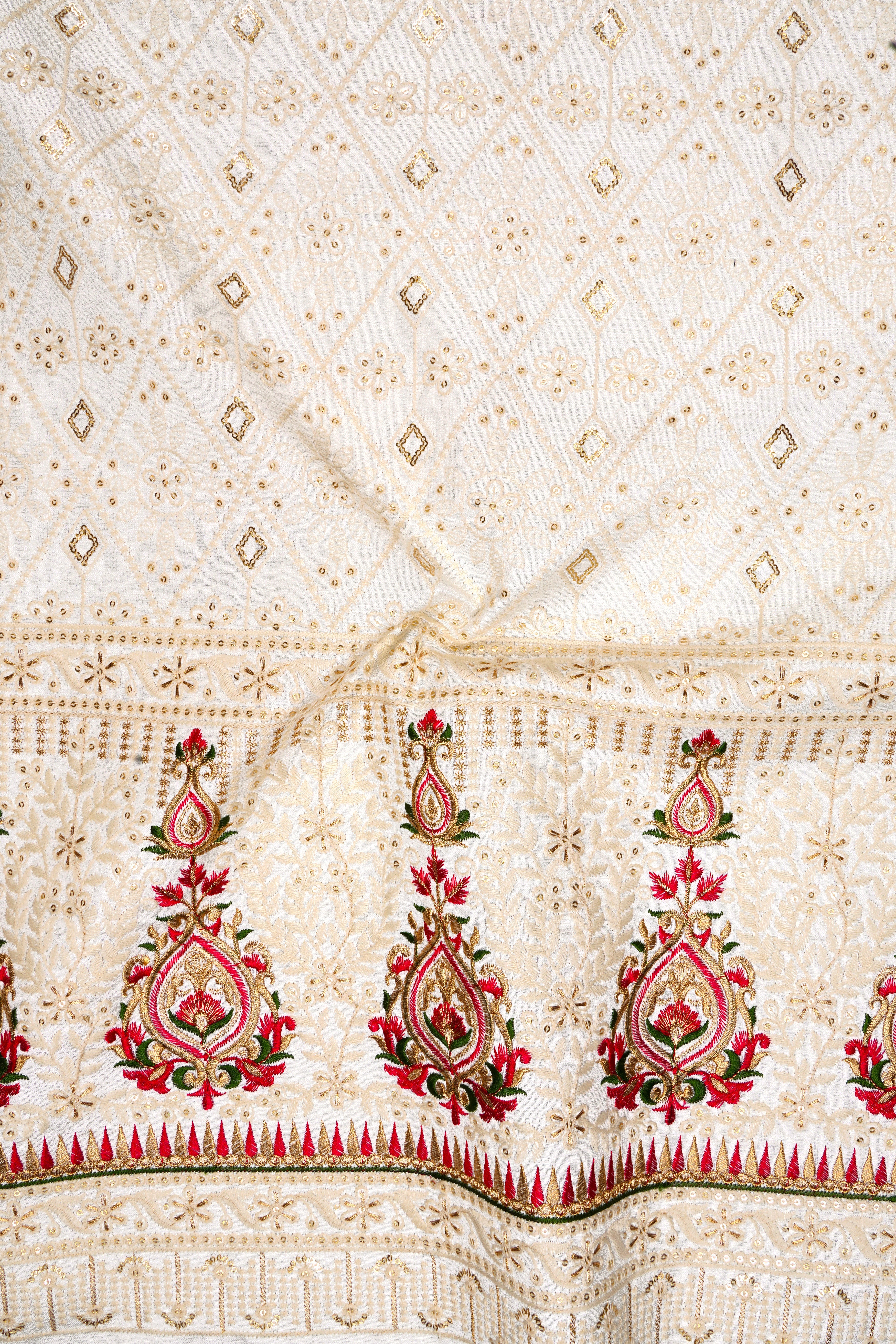Marino Cream And Crimson Red Sequin and thread Embroidered Single Breasted Suit