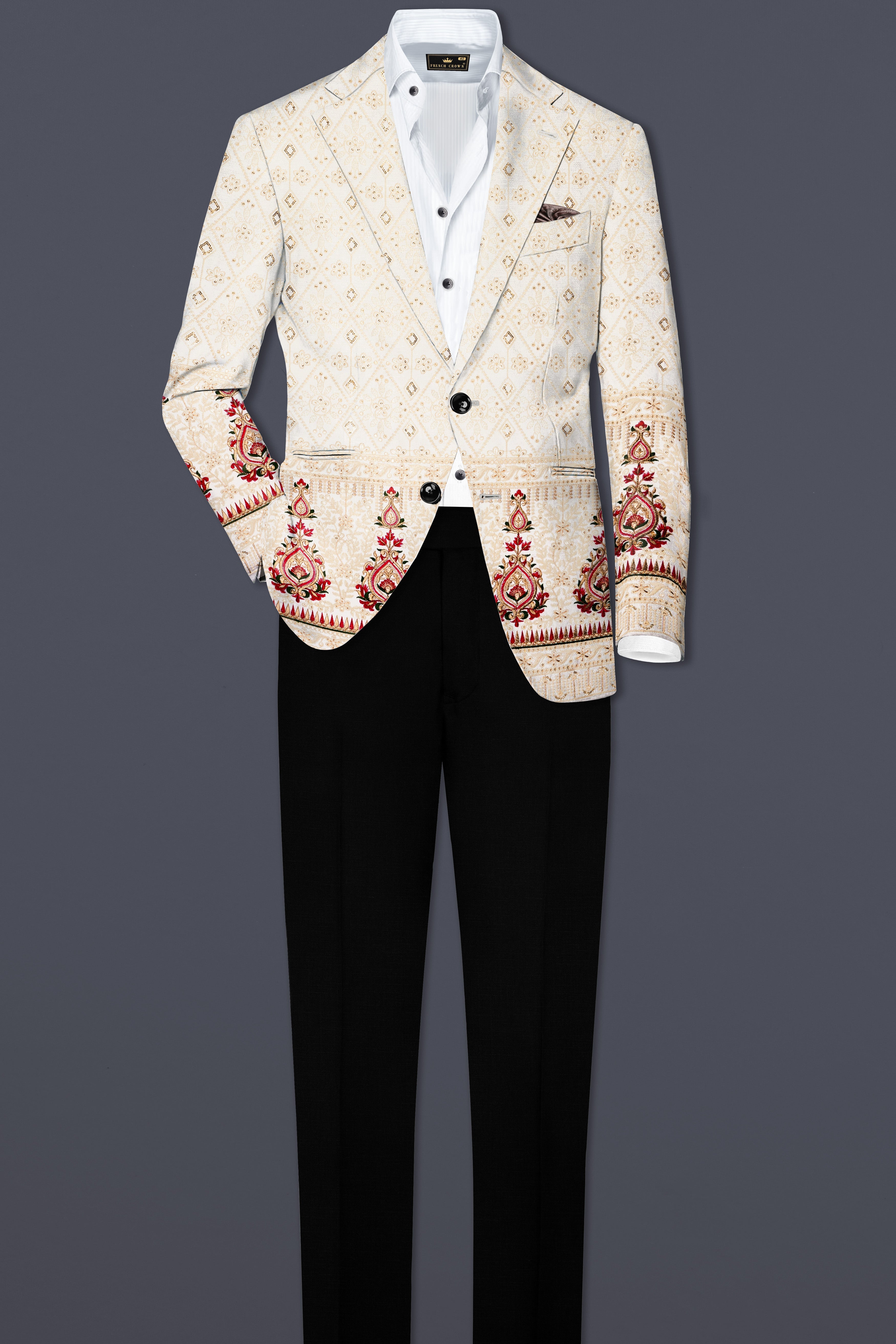 Marino Cream And Crimson Red Sequin and thread Embroidered Single Breasted Suit