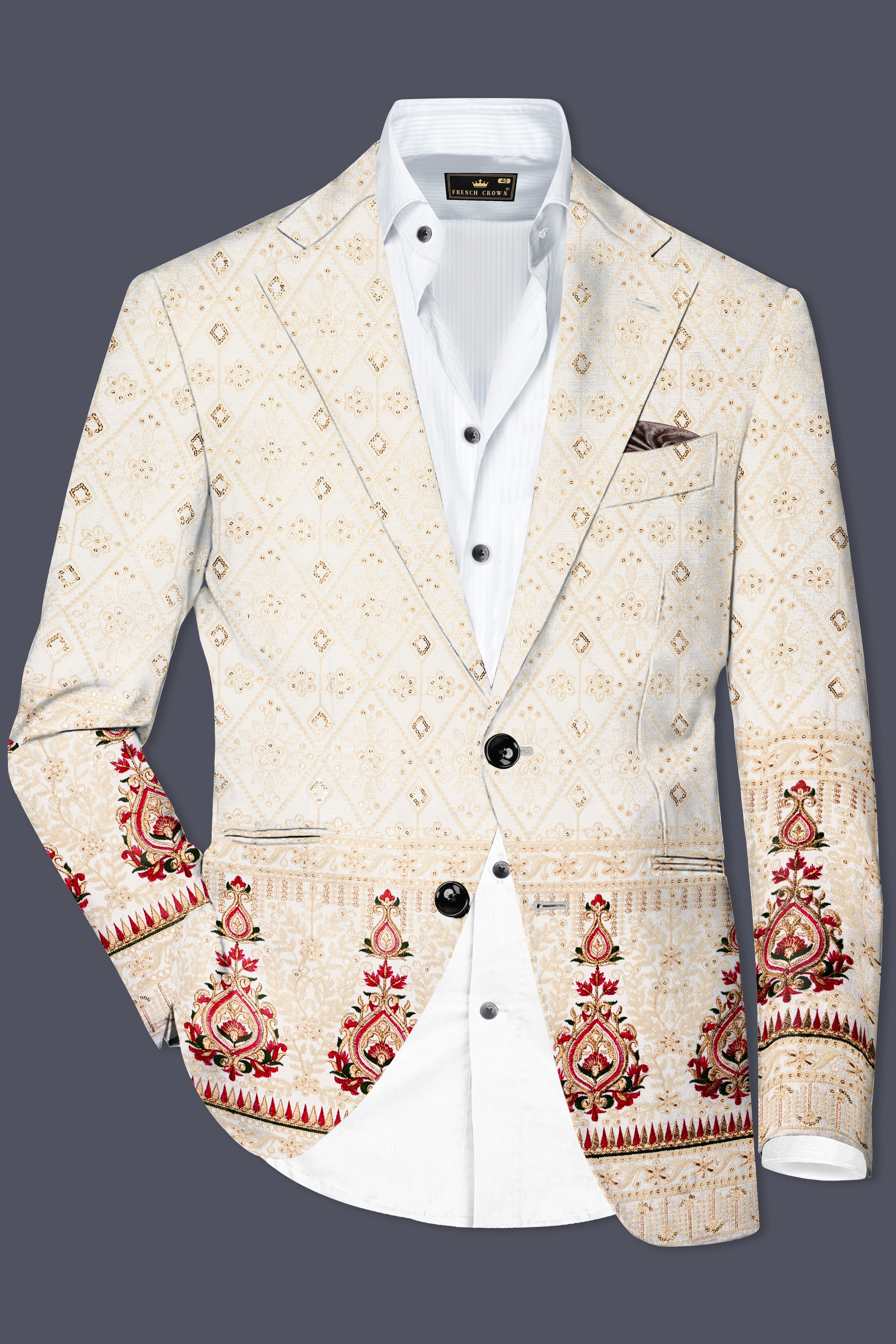 Marino Cream And Crimson Red Sequin and thread Embroidered Single Breasted Suit