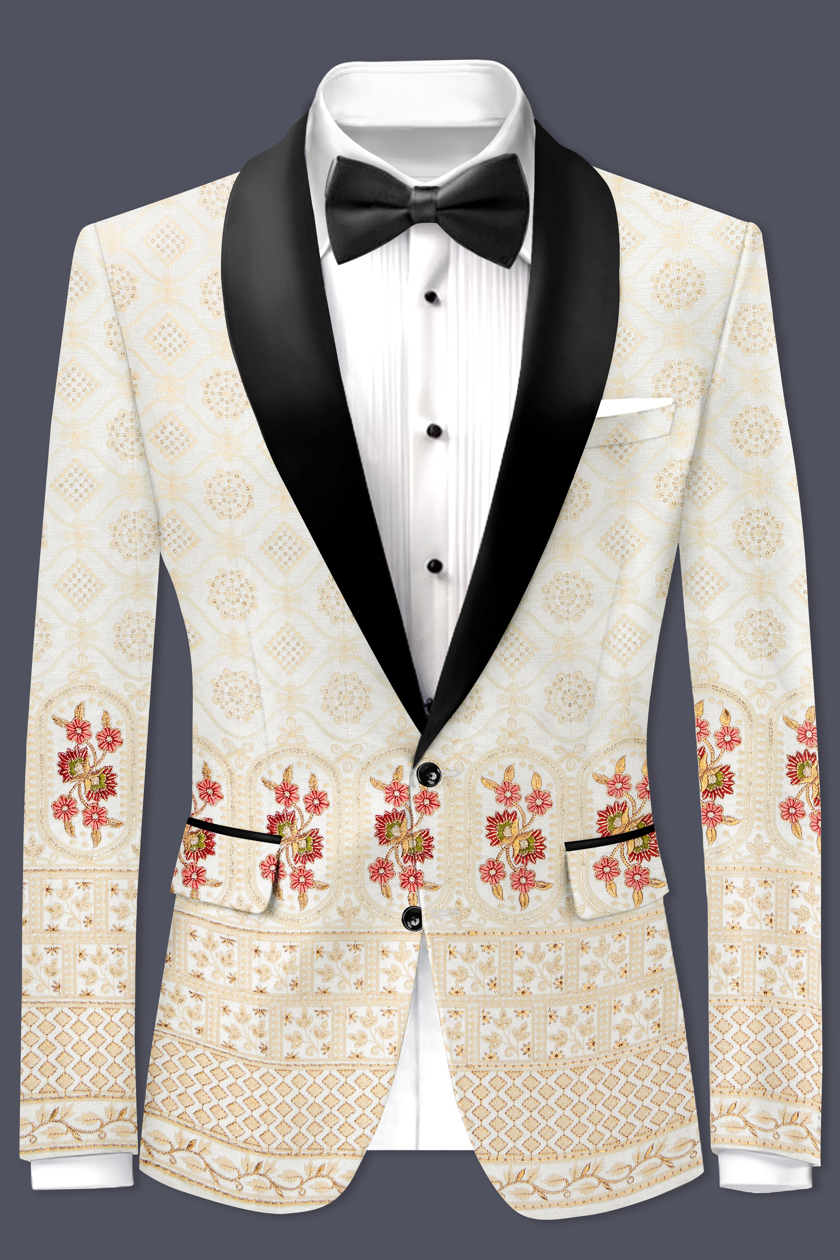 Ecru Off White And Peachy Pink Sequin and thread Embroidered Tuxedo Suit