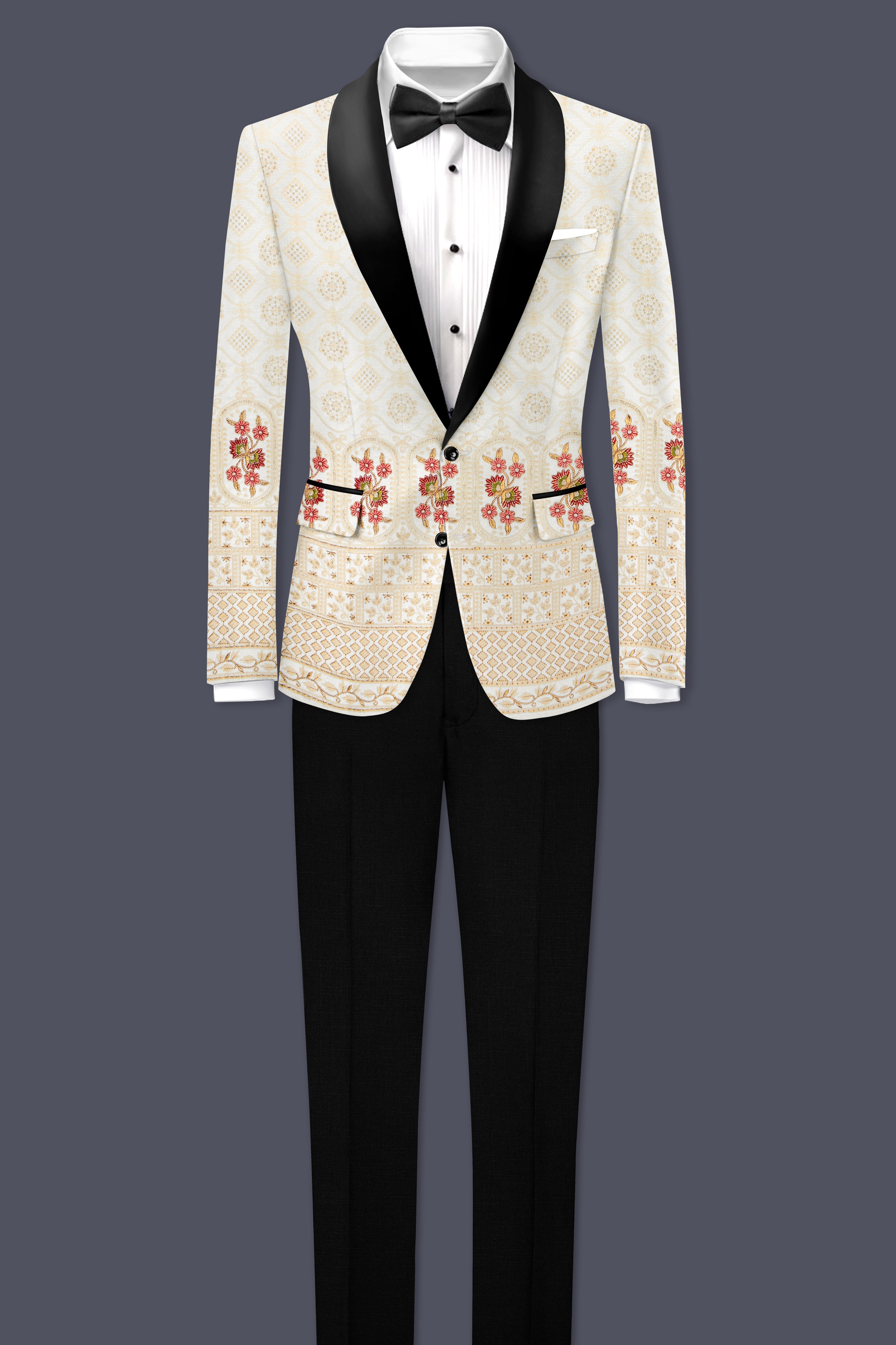 Ecru Off White And Peachy Pink Sequin and thread Embroidered Tuxedo Suit