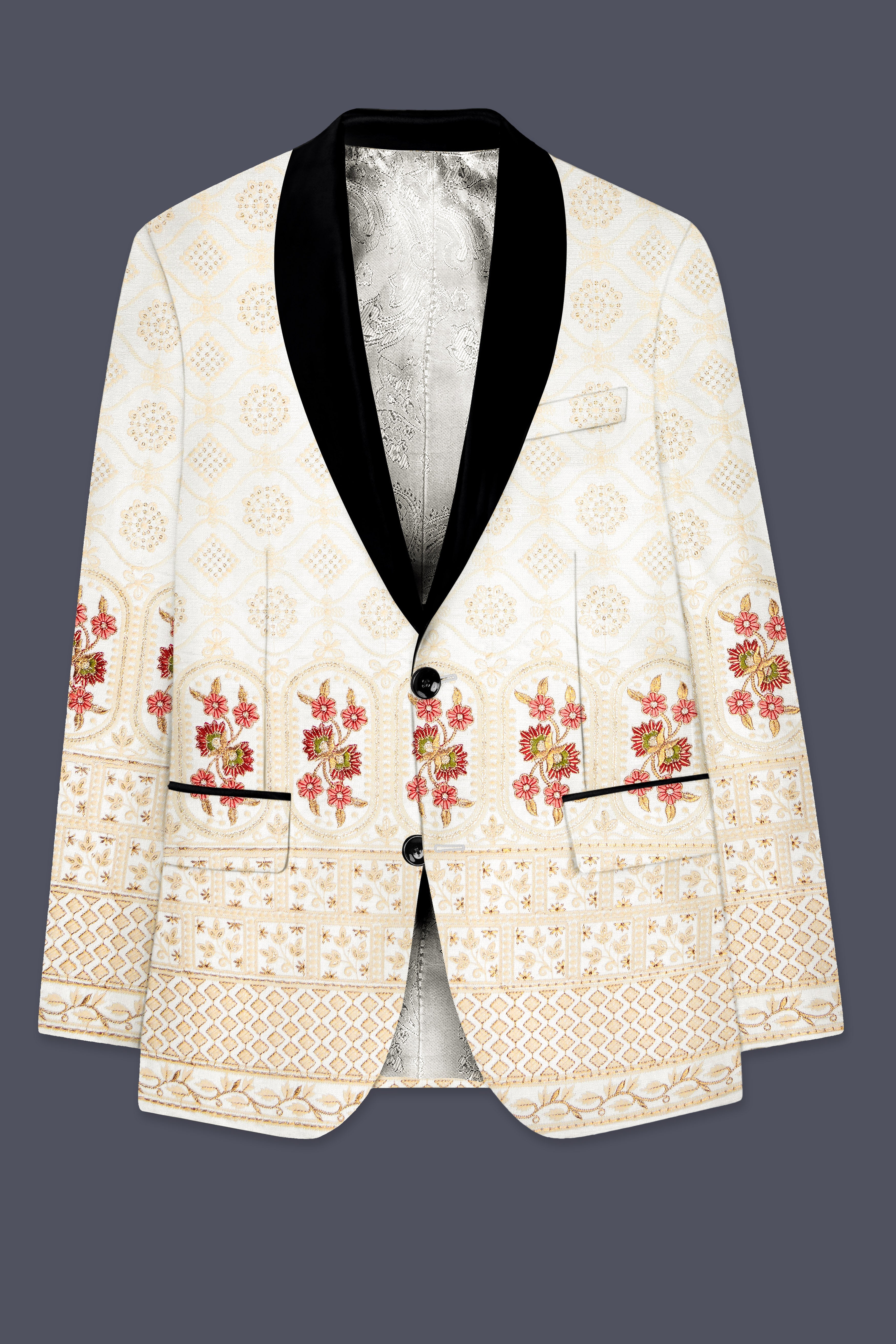 Ecru Off White And Peachy Pink Sequin and thread Embroidered Tuxedo Suit