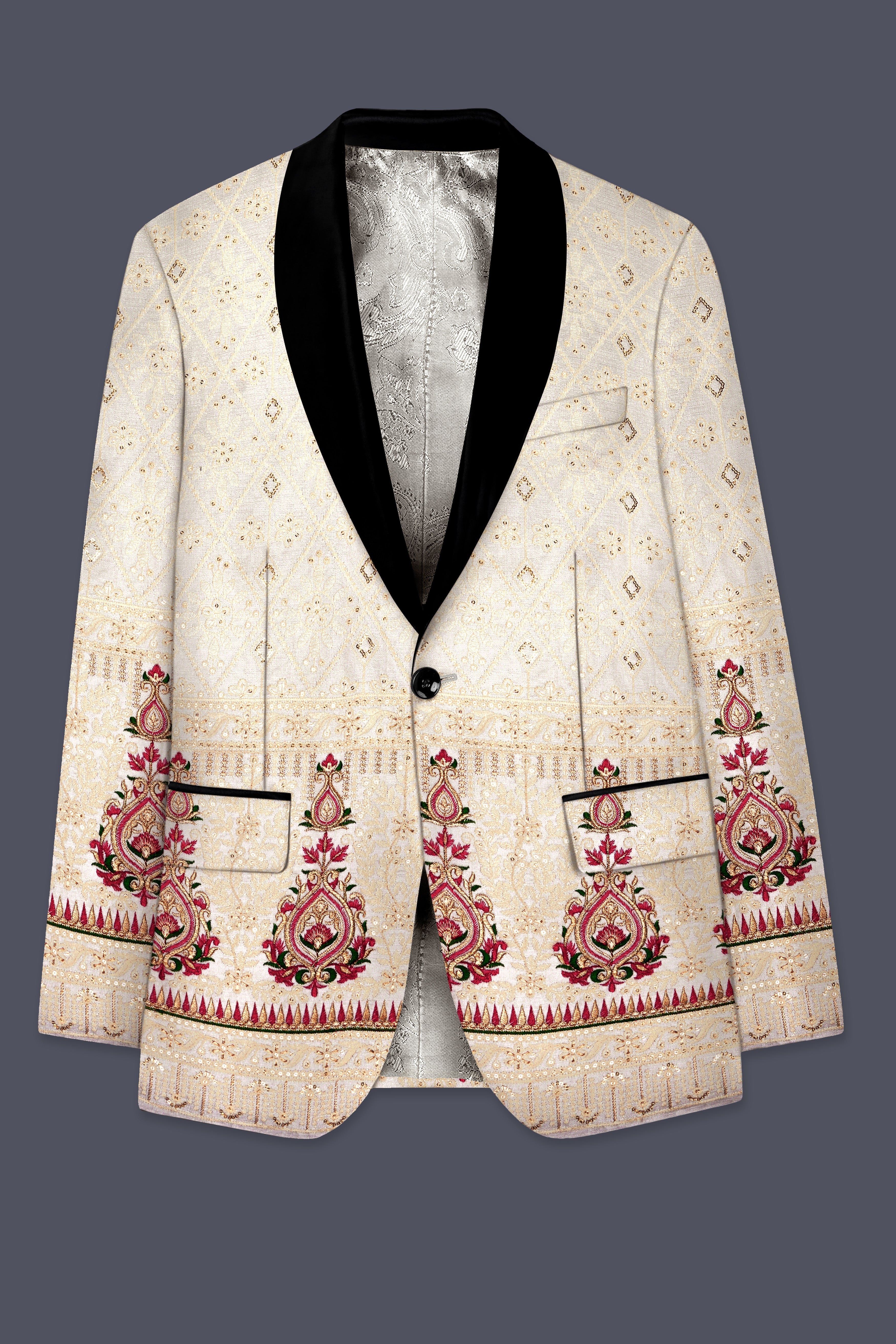 Marino Cream And Crimson Red Sequin and thread Embroidered Tuxedo Suit