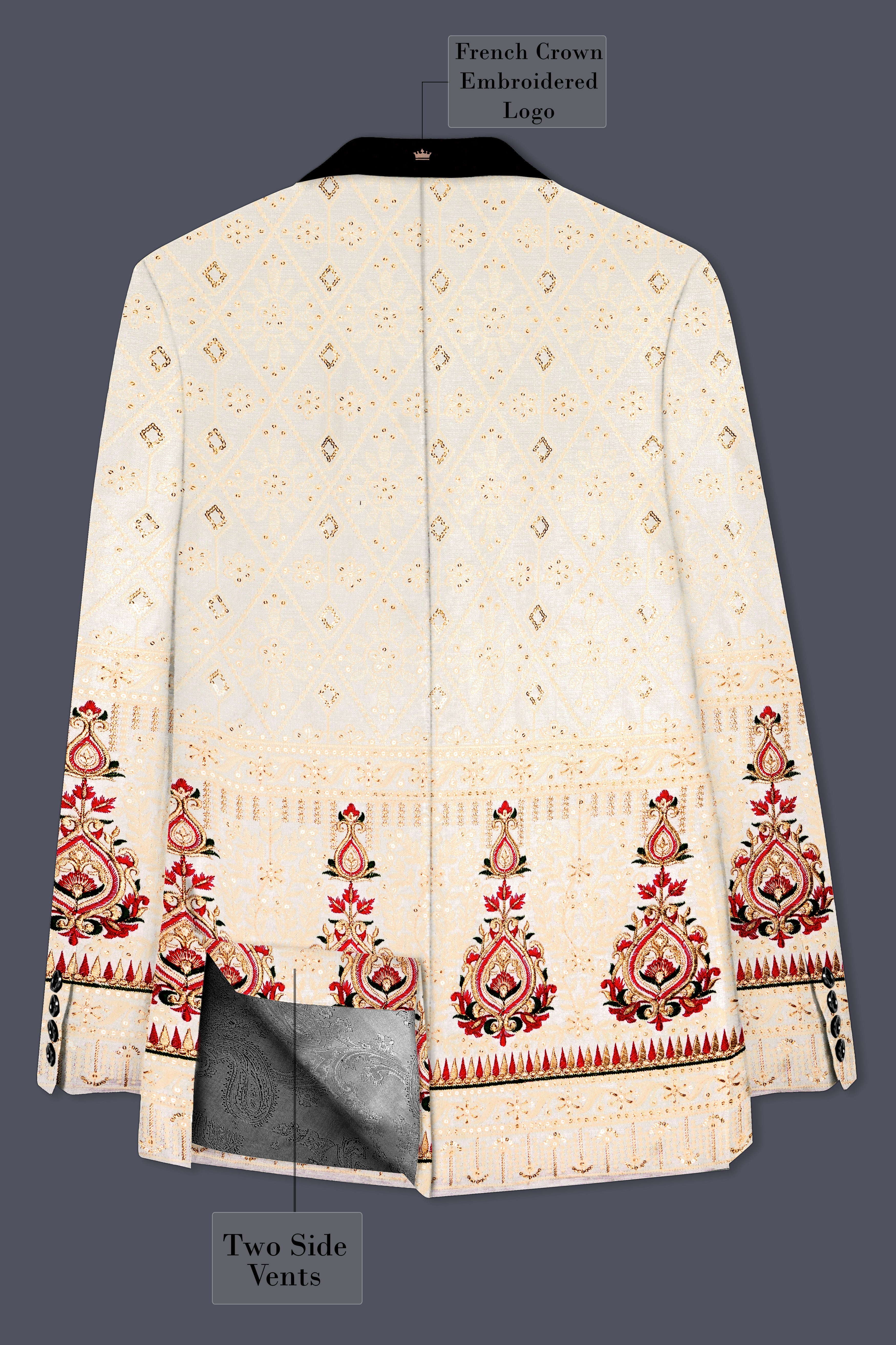 Marino Cream And Crimson Red Sequin and thread Embroidered Tuxedo Suit