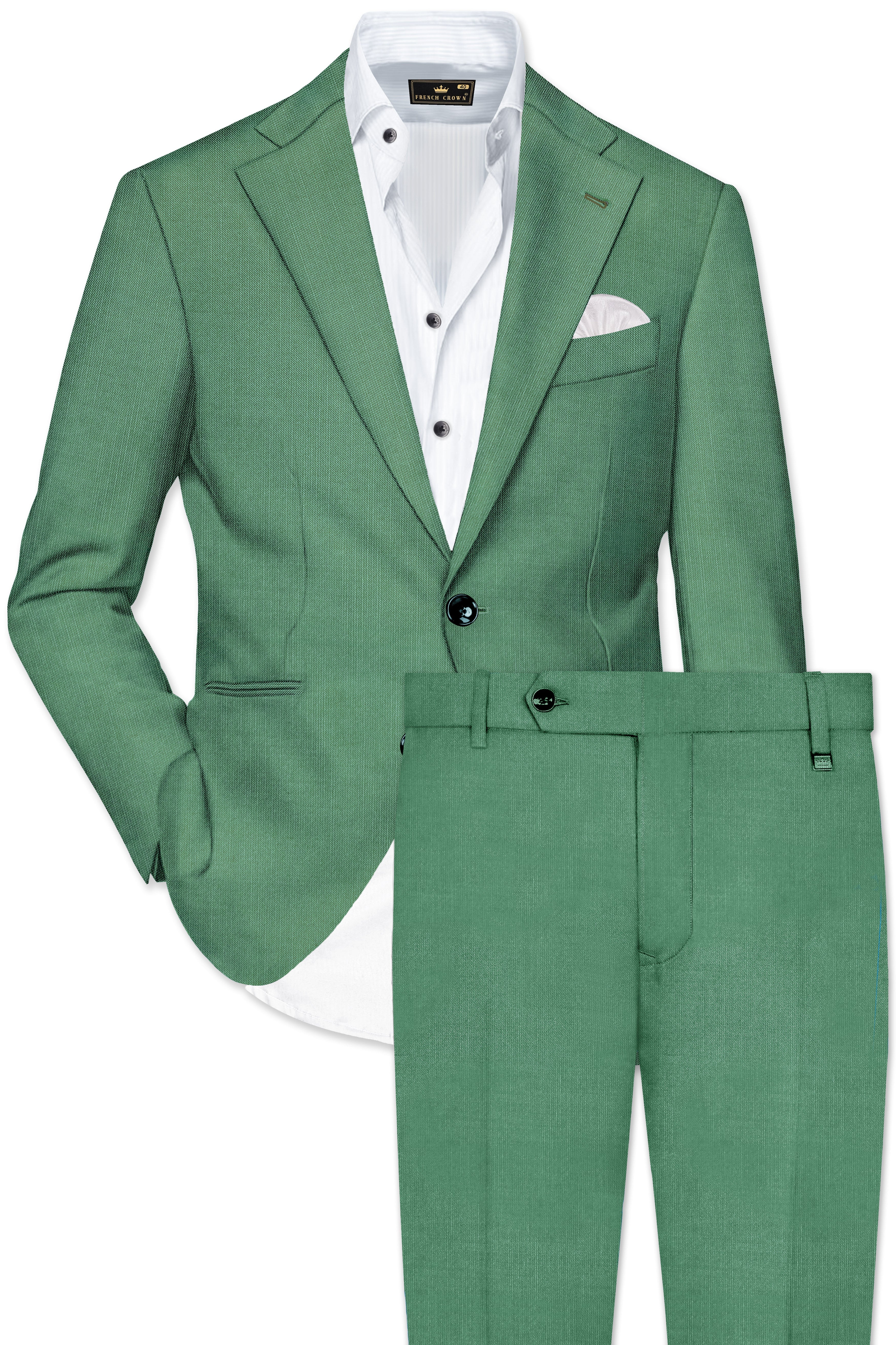 Viridian Green Solid Wool Rich Single Breasted Stretchable traveler Suit