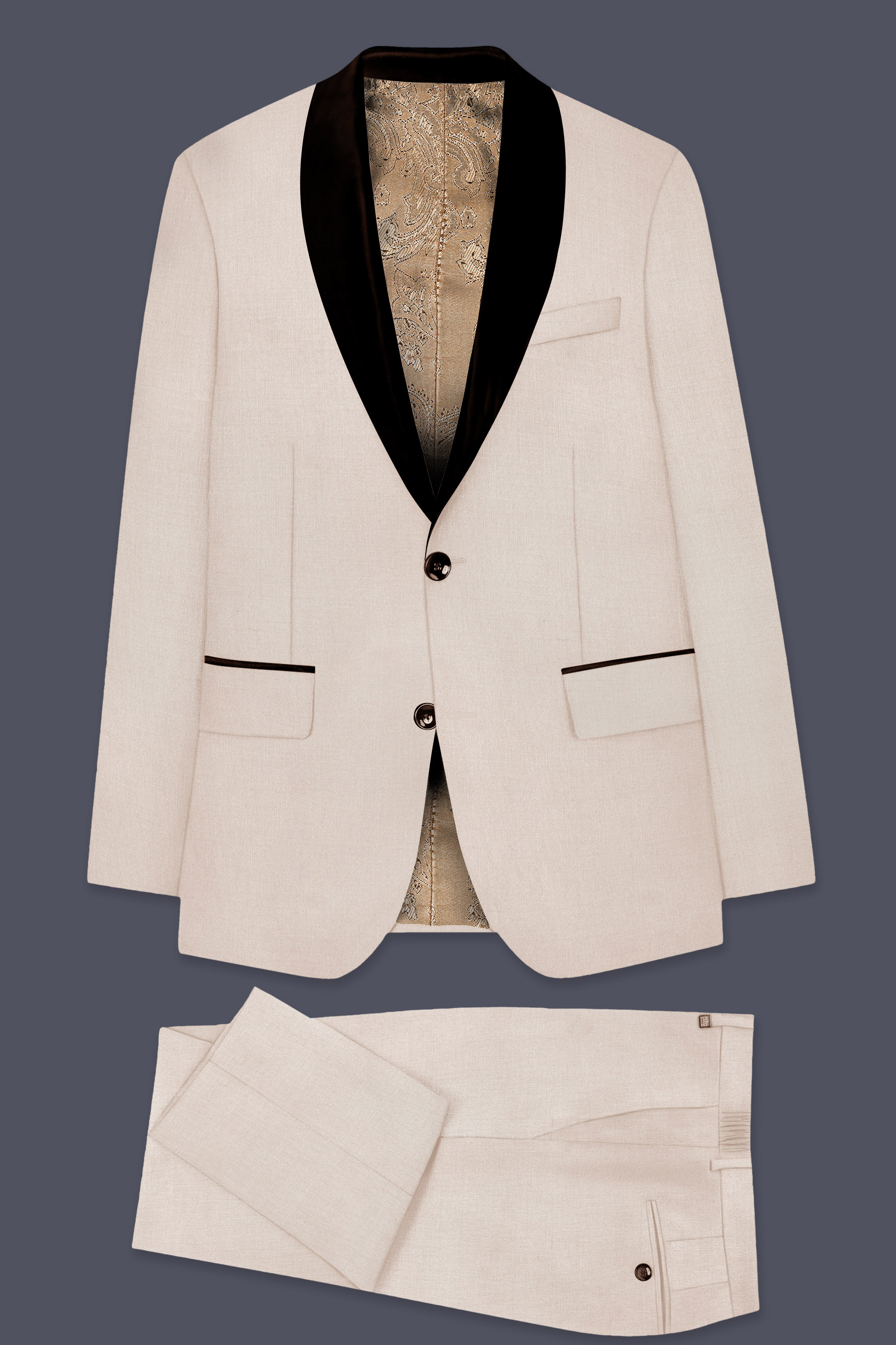 Velivon-Bizarre Cream Wool Rich Tuxedo Stretchable Traveler Suit