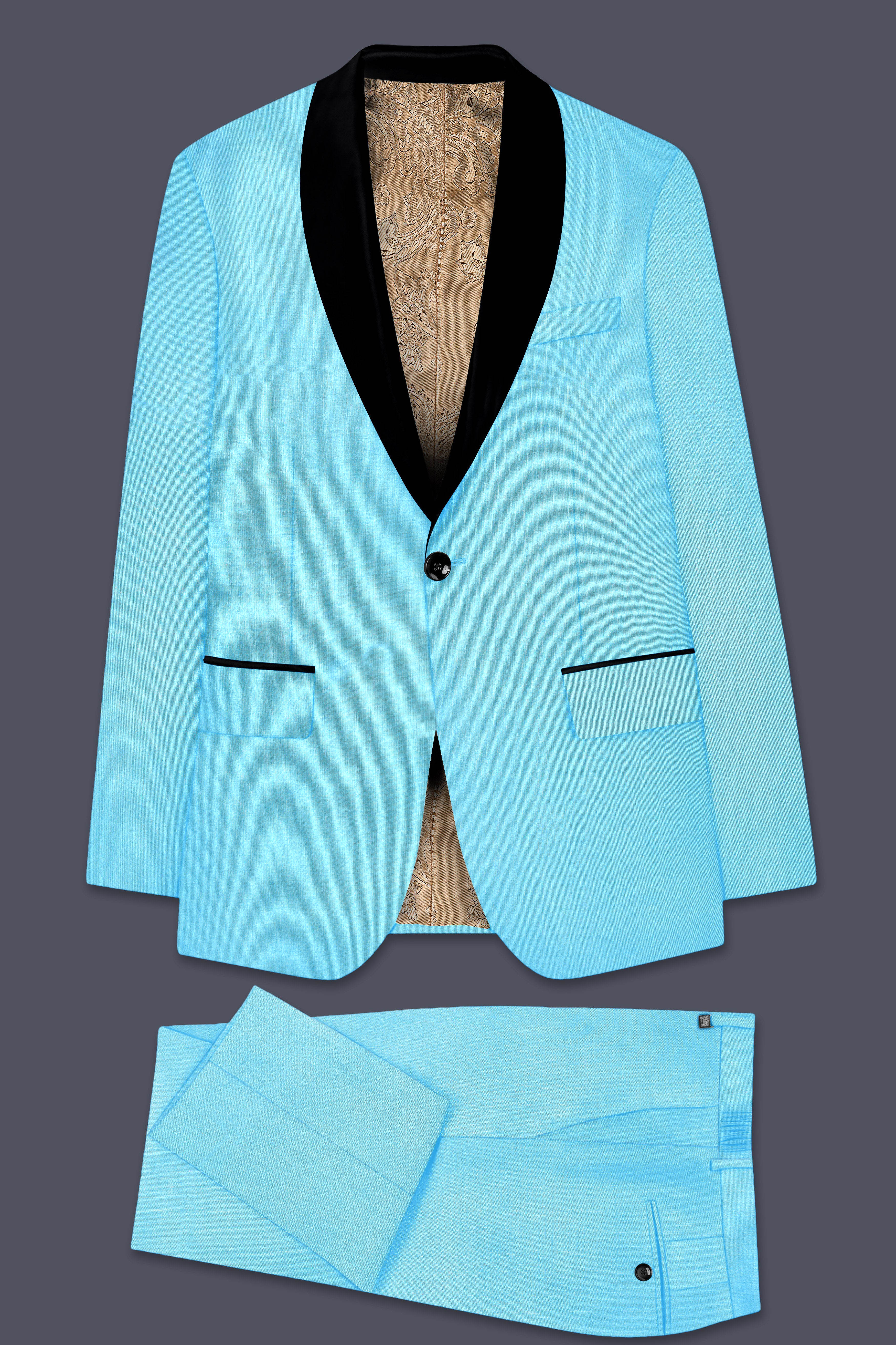 Iceland-Aquamarine Blue Wool Richa Tuxedo Slight Stretch Suit