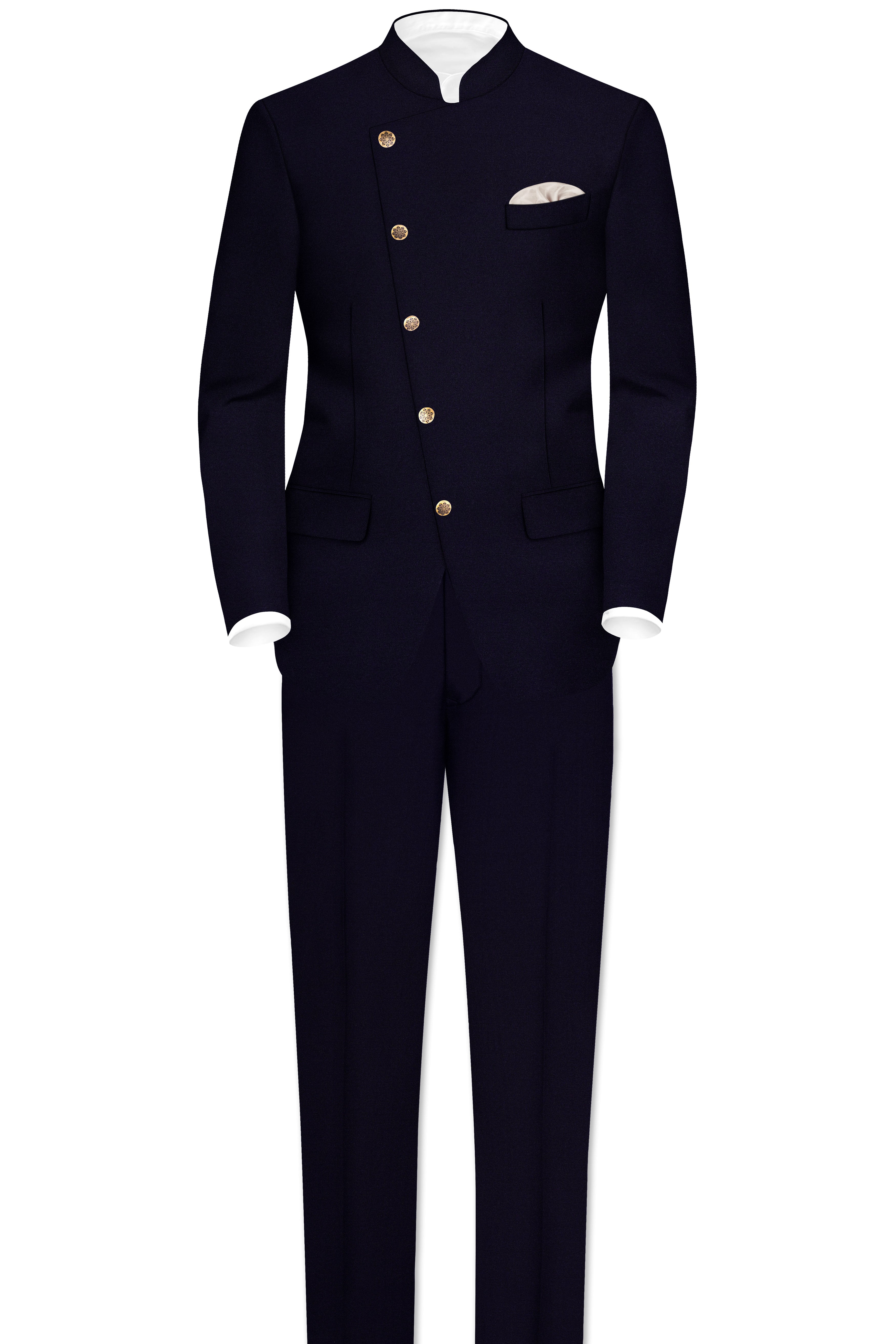 Vistaro-Korean Blue (The Best Blue We Have) 4-Way Stretch Wrinkle-Free Wool Rich Cross Placket Bandhgala Slight Stretch Suit