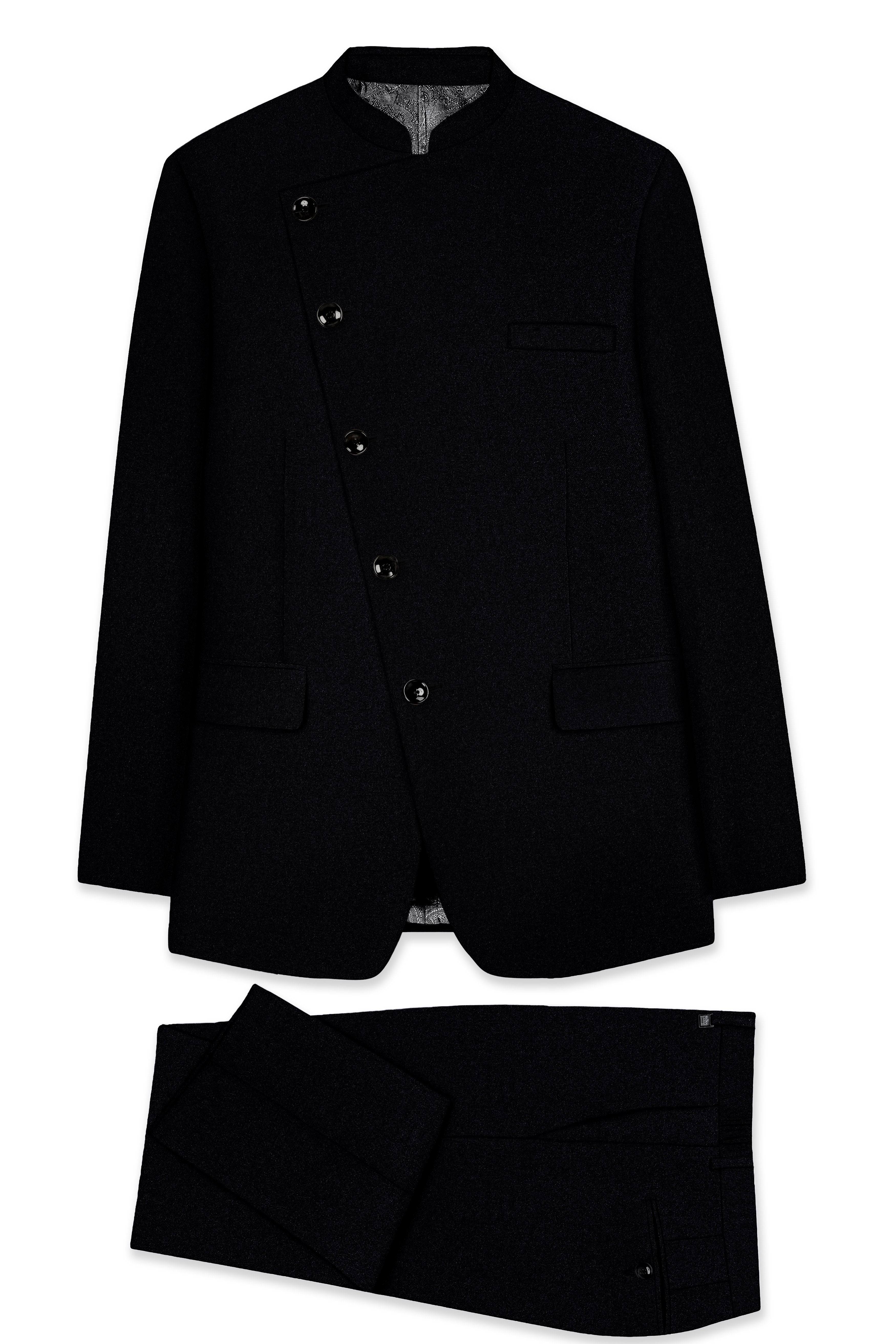 Noirex-Korean Black (The Best Black We Have) Wool Rich Cross Placket Bandhgala Slight Stretch Suit