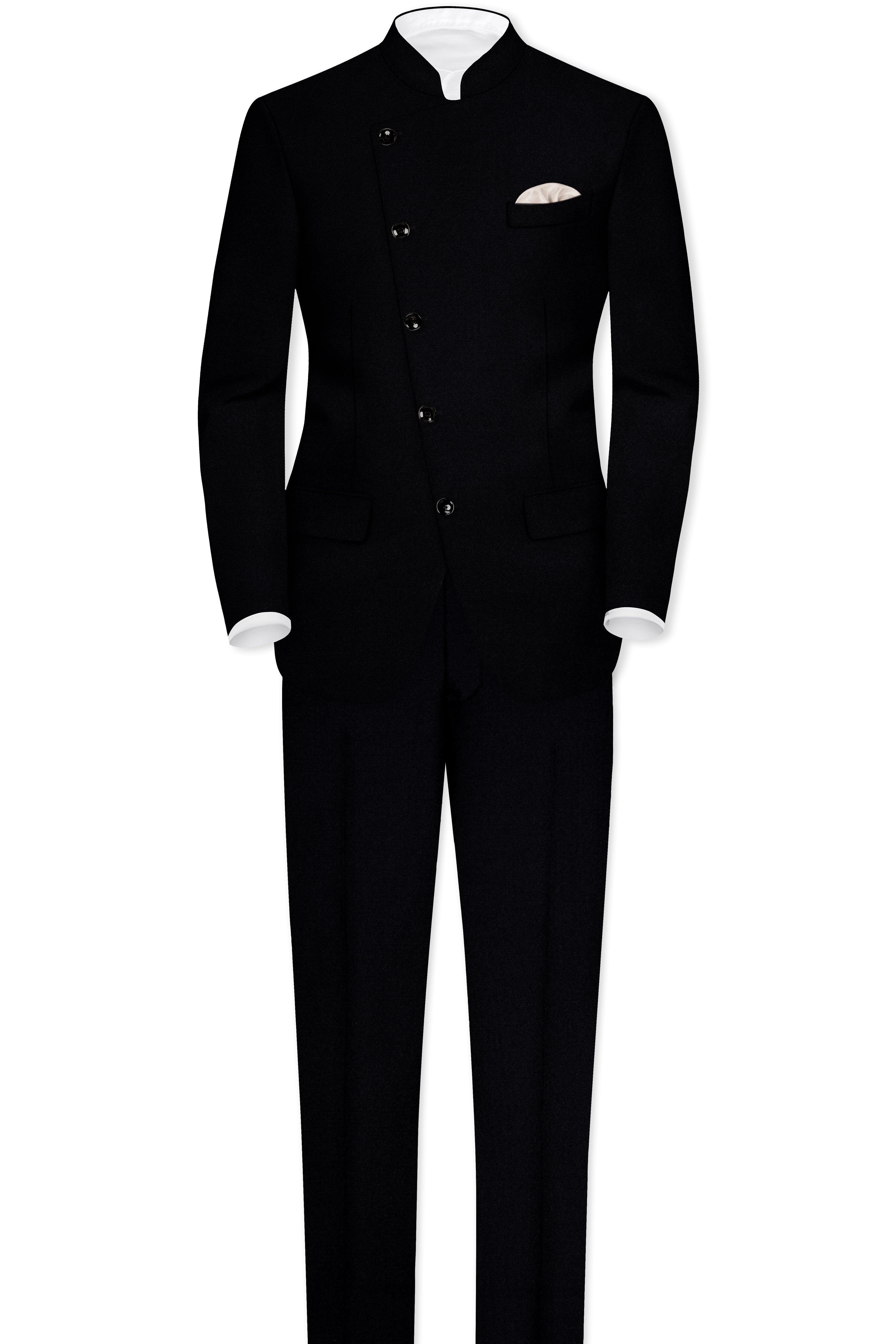 Noirex-Korean Black (The Best Black We Have) Wool Rich Cross Placket Bandhgala Slight Stretch Suit