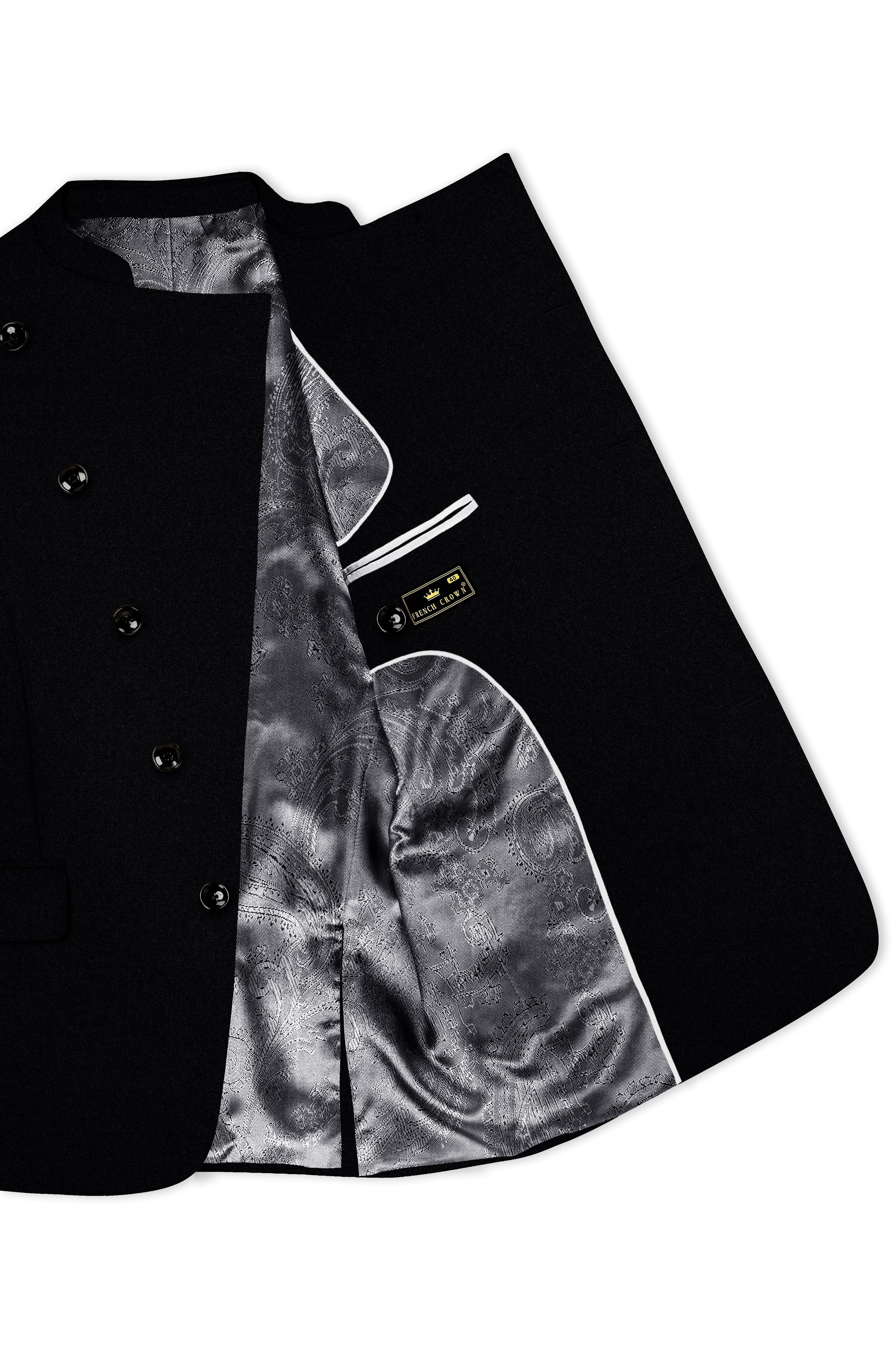 Noirex-Korean Black (The Best Black We Have) Wool Rich Cross Placket Bandhgala Slight Stretch Suit