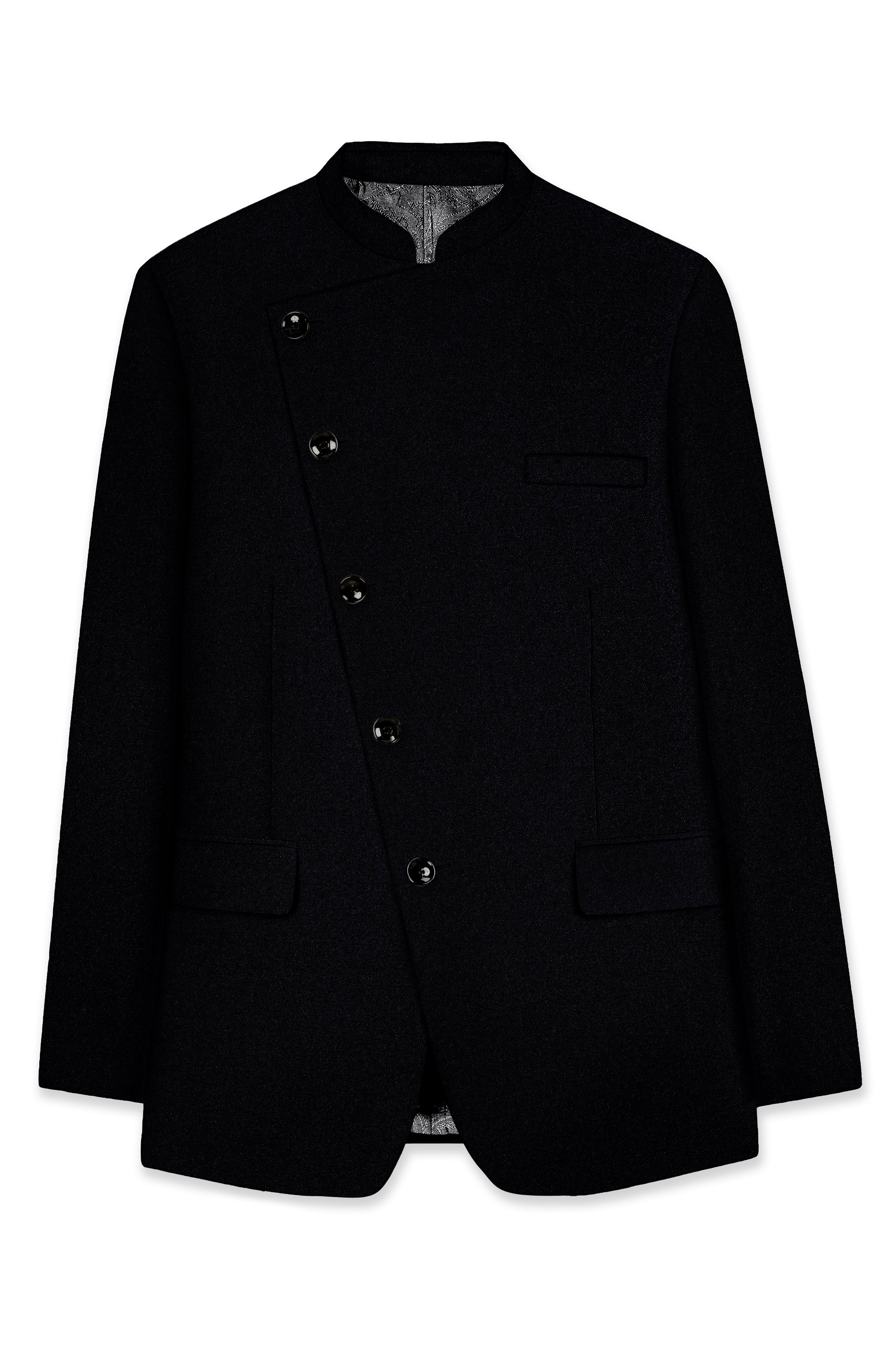 Noirex-Korean Black (The Best Black We Have) Wool Rich Cross Placket Bandhgala Slight Stretch Suit