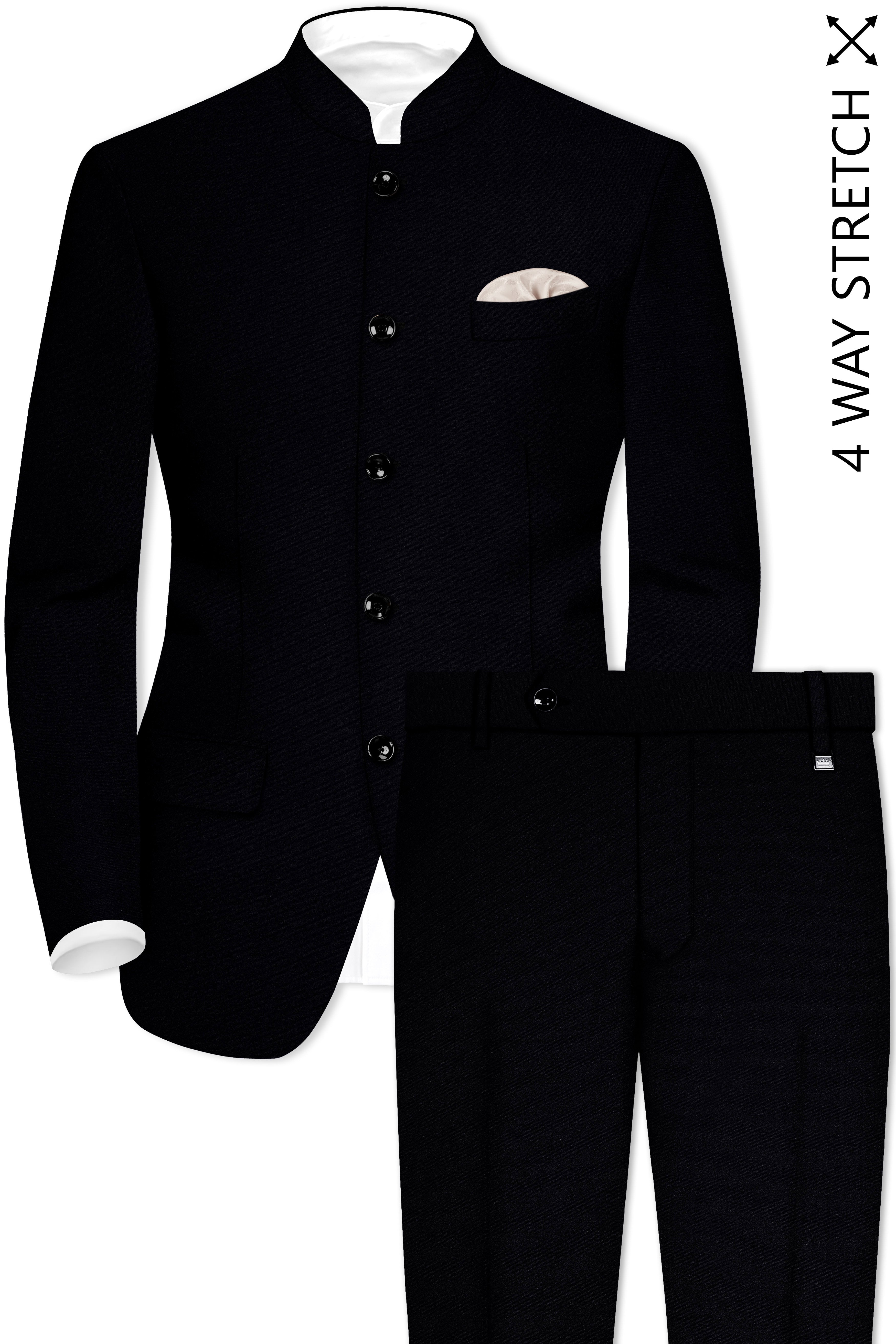 Noirex-Korean Black (The Best Black We Have) Wool Rich Bandhgala Stretchable traveler Suit