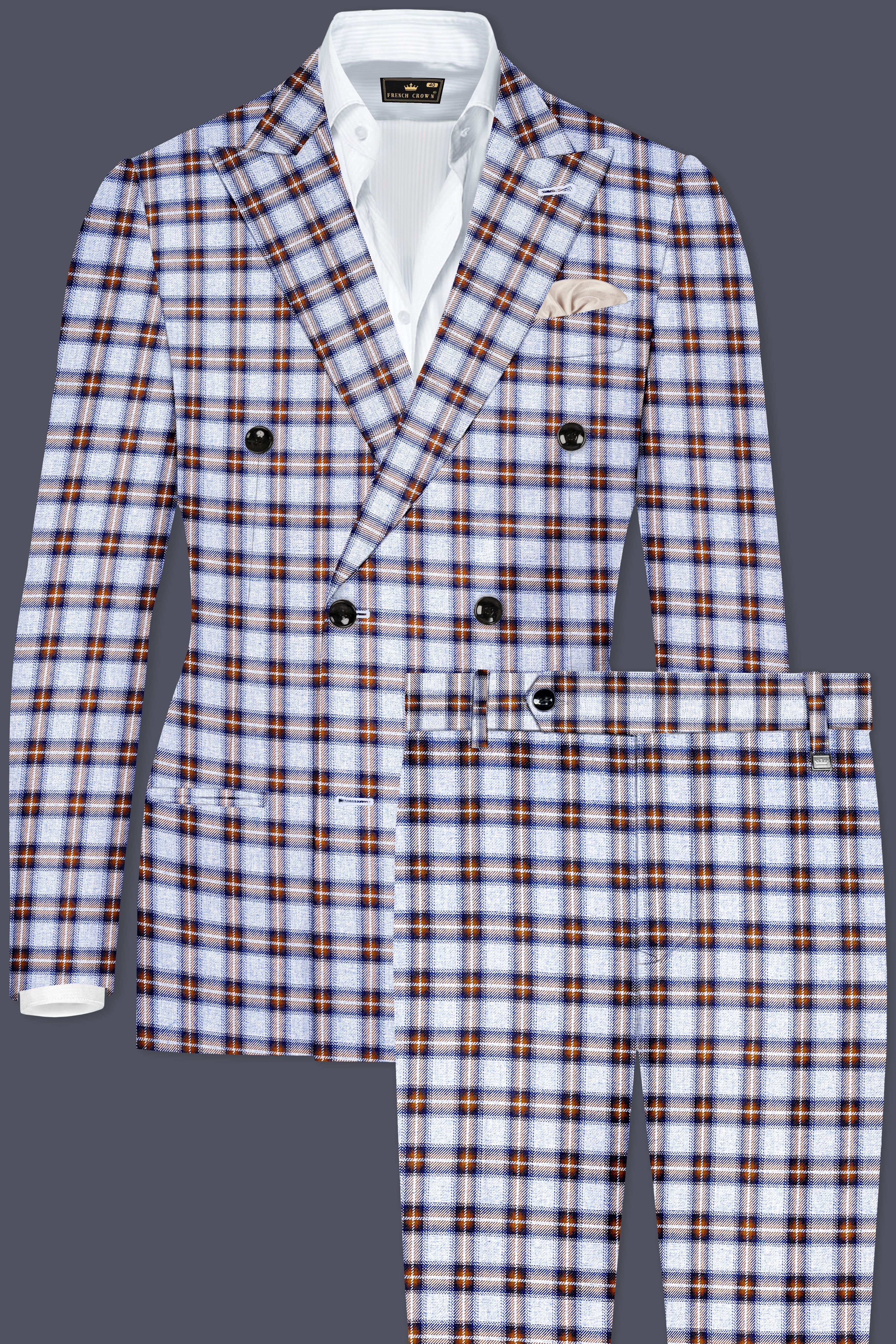 Castaire-Chateau Blue with Cocoa Brown Plaid Wool Rich Double Breasted Suit