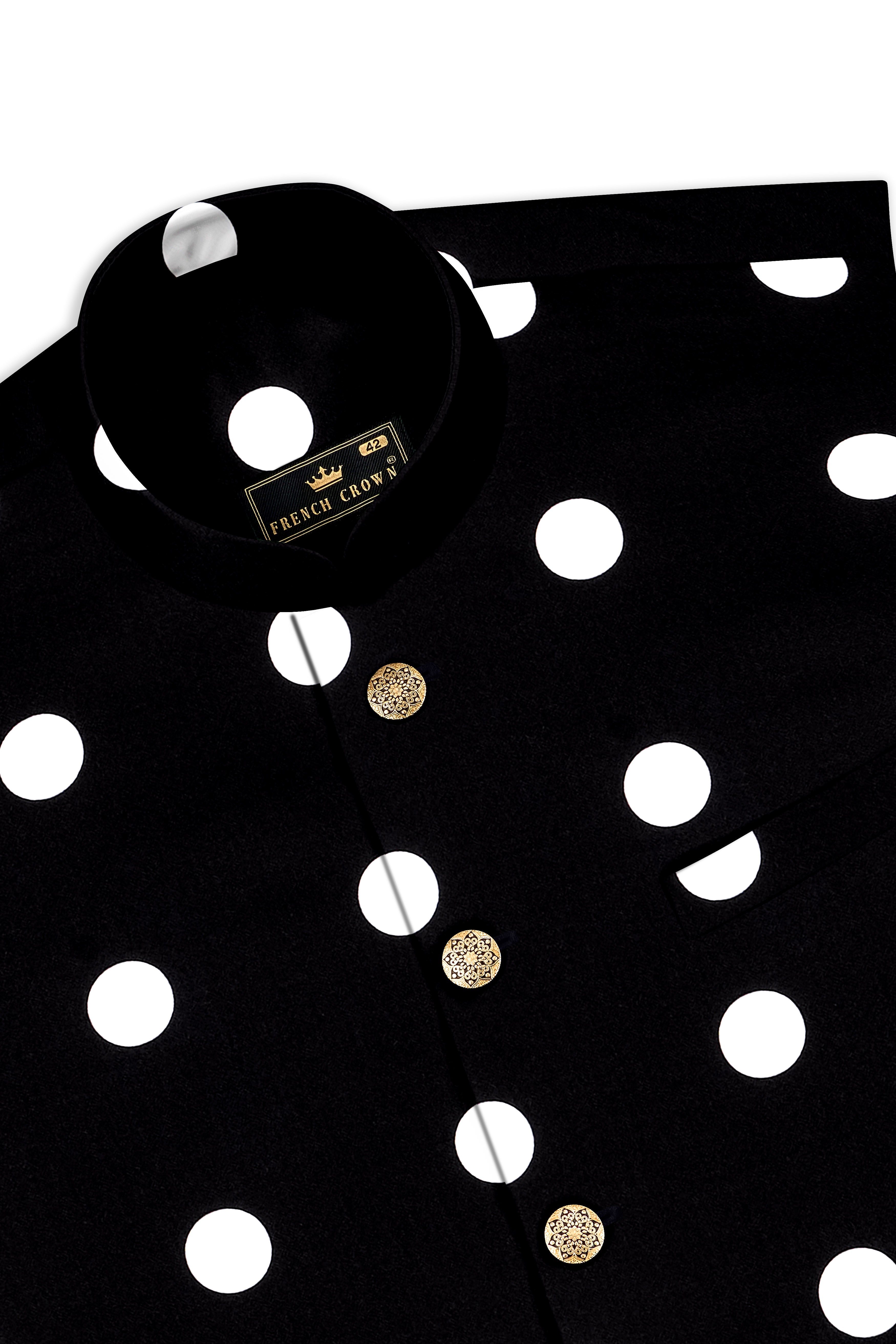 Noirdot-Jade Black and Bright White Polka Dotted Premium Cotton Bandhgala Suit