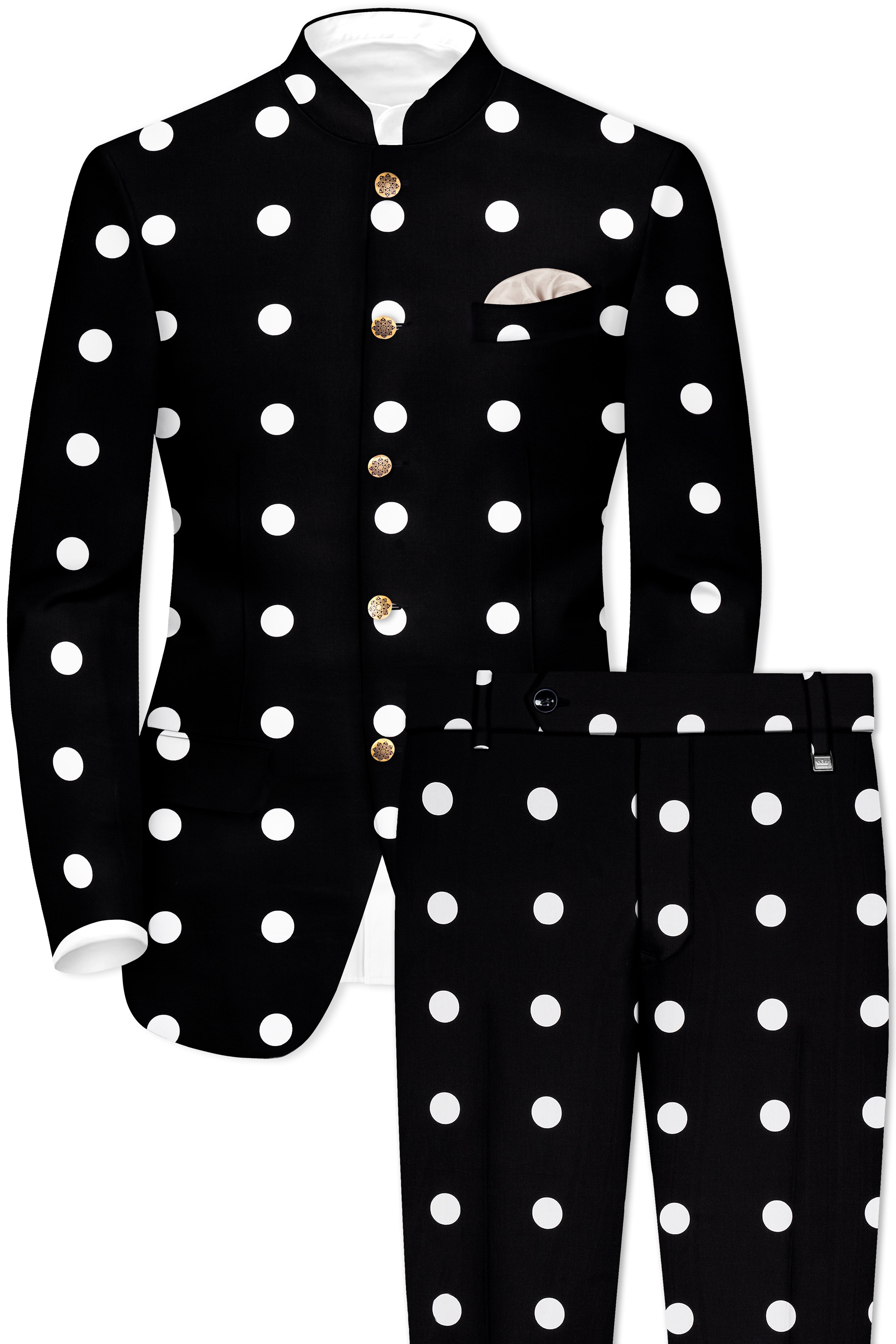 Noirdot-Jade Black and Bright White Polka Dotted Premium Cotton Bandhgala Suit