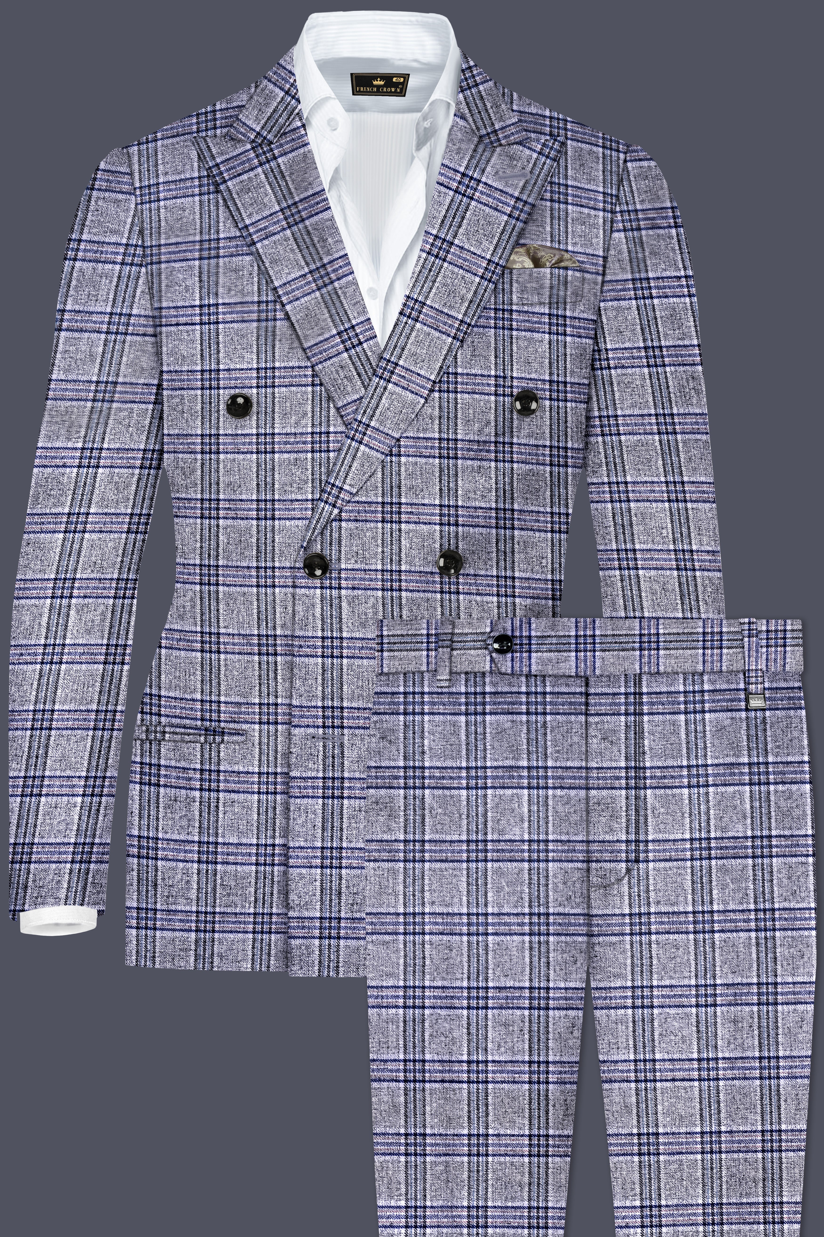 Pladiel-StarDust Gray with Martinique Blue Plaid Wool Rich Double Breasted Suit