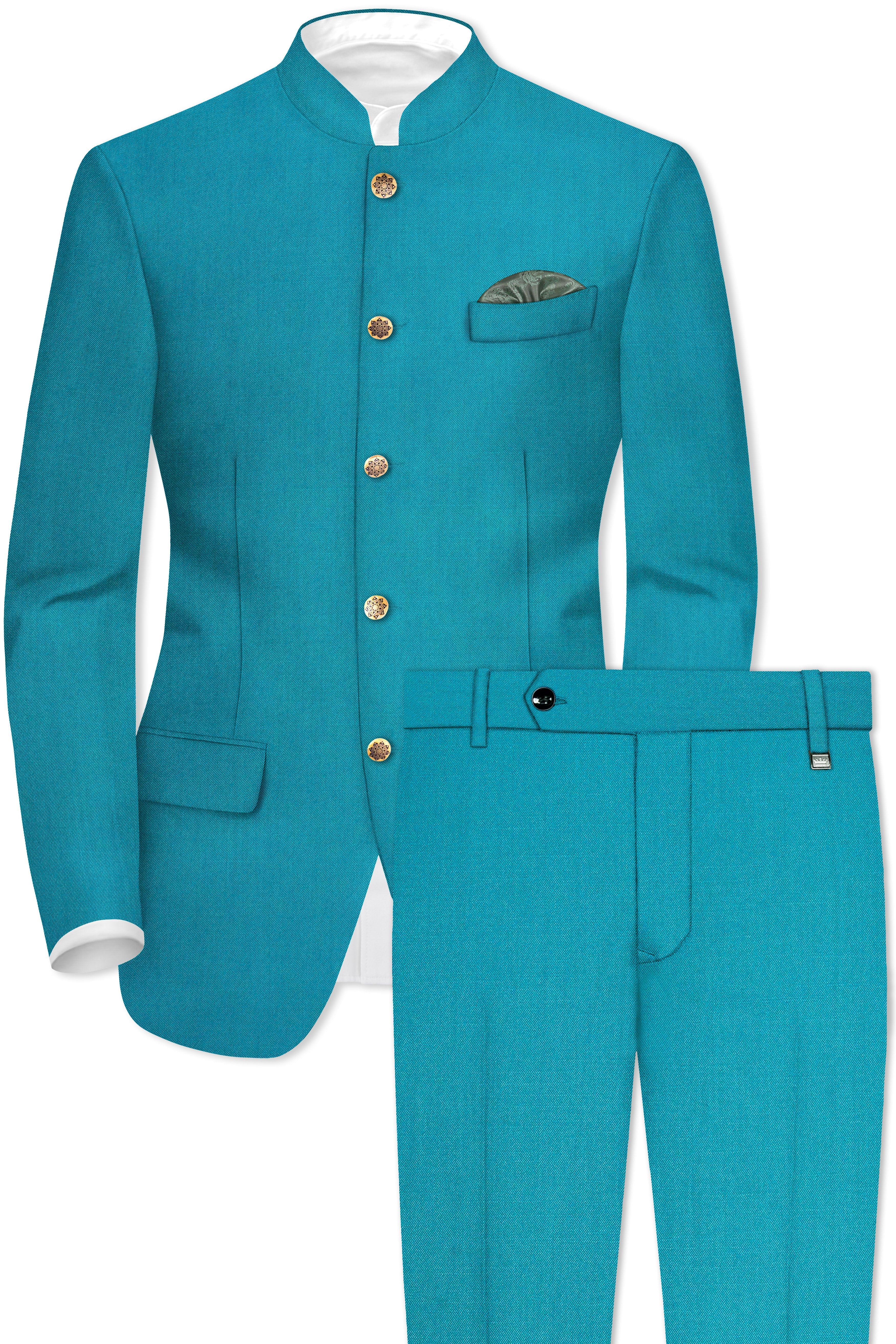Zephir-Surfie Green Wool Rich Bandhgala Stretchable Traveler Suit
